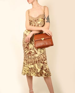 Versace S/S06 yellow brown leather silk sleeveless bustier midi dress IT 40