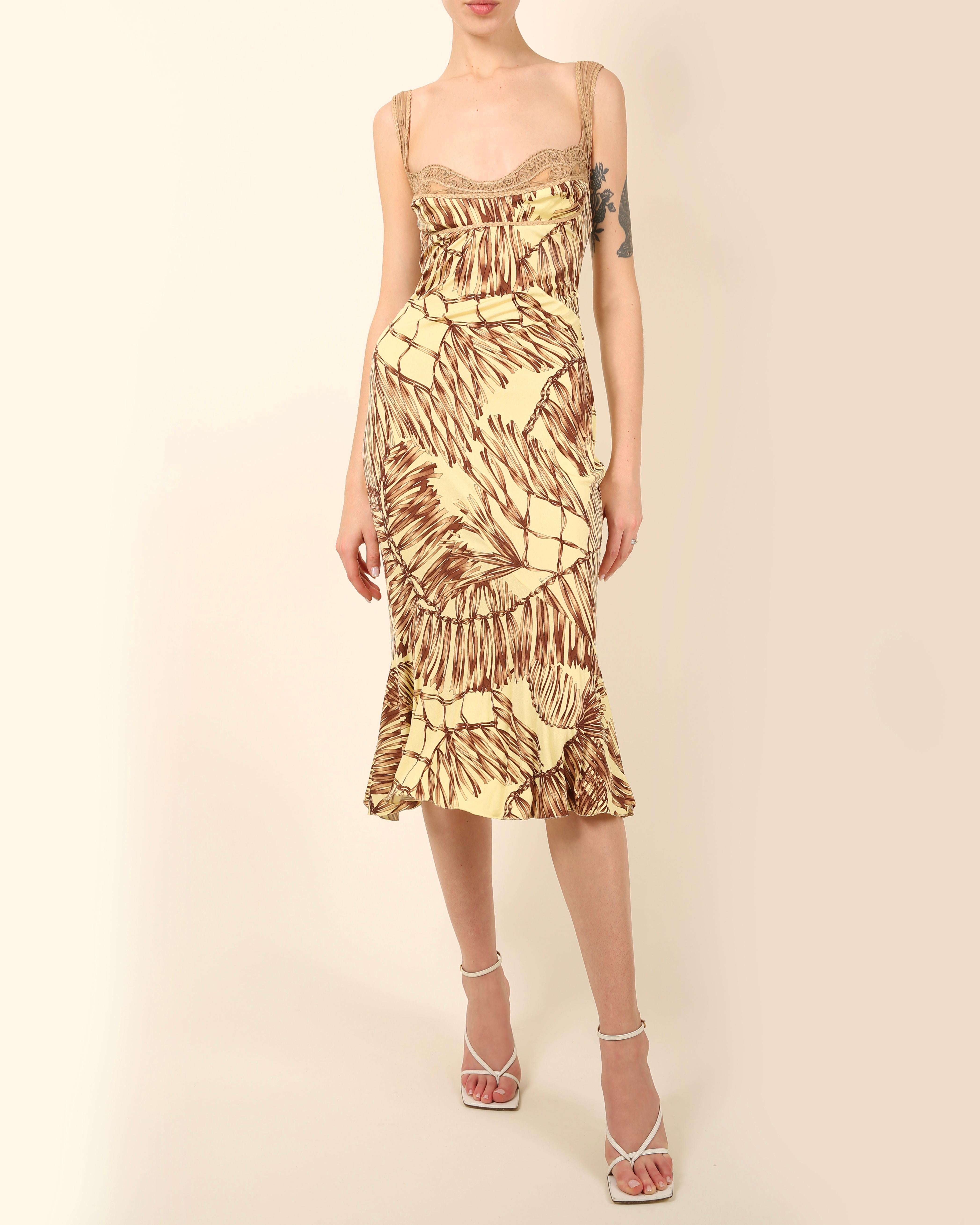 Brown Versace S/S06 yellow brown leather silk sleeveless bustier midi dress IT 40 For Sale