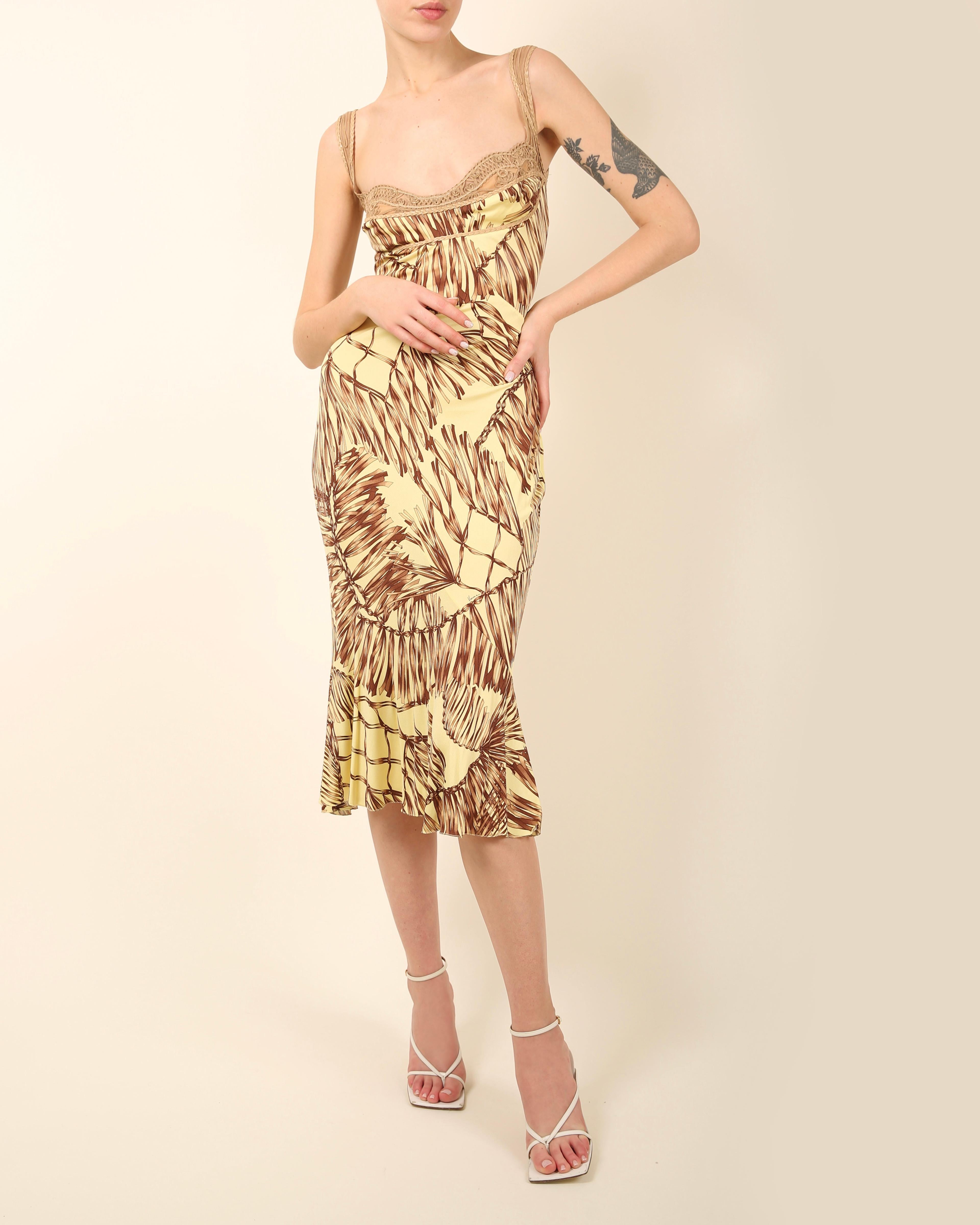 Versace S/S06 yellow brown leather silk sleeveless bustier midi dress IT 40 In Excellent Condition For Sale In Paris, FR