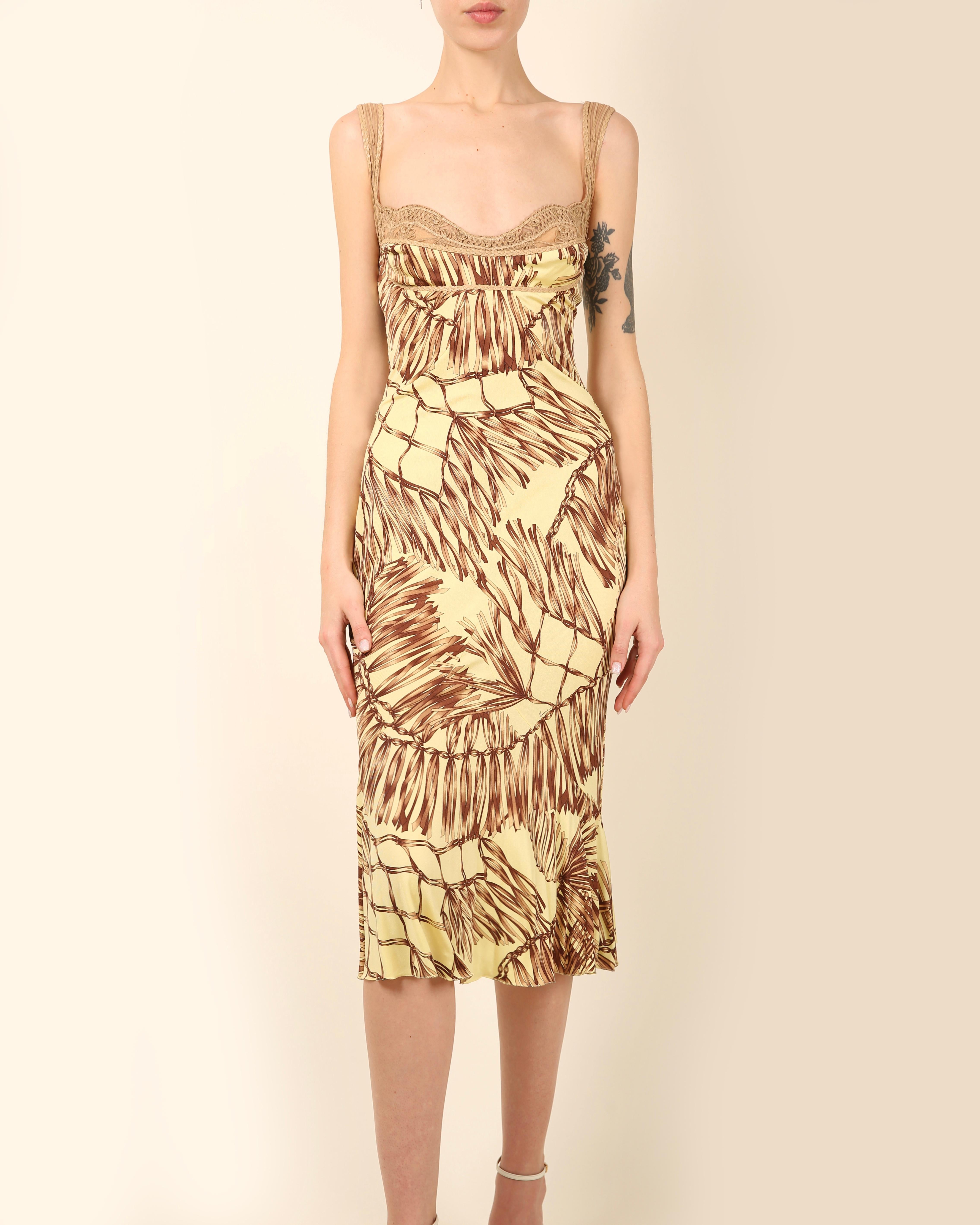 Women's Versace S/S06 yellow brown leather silk sleeveless bustier midi dress IT 40 For Sale
