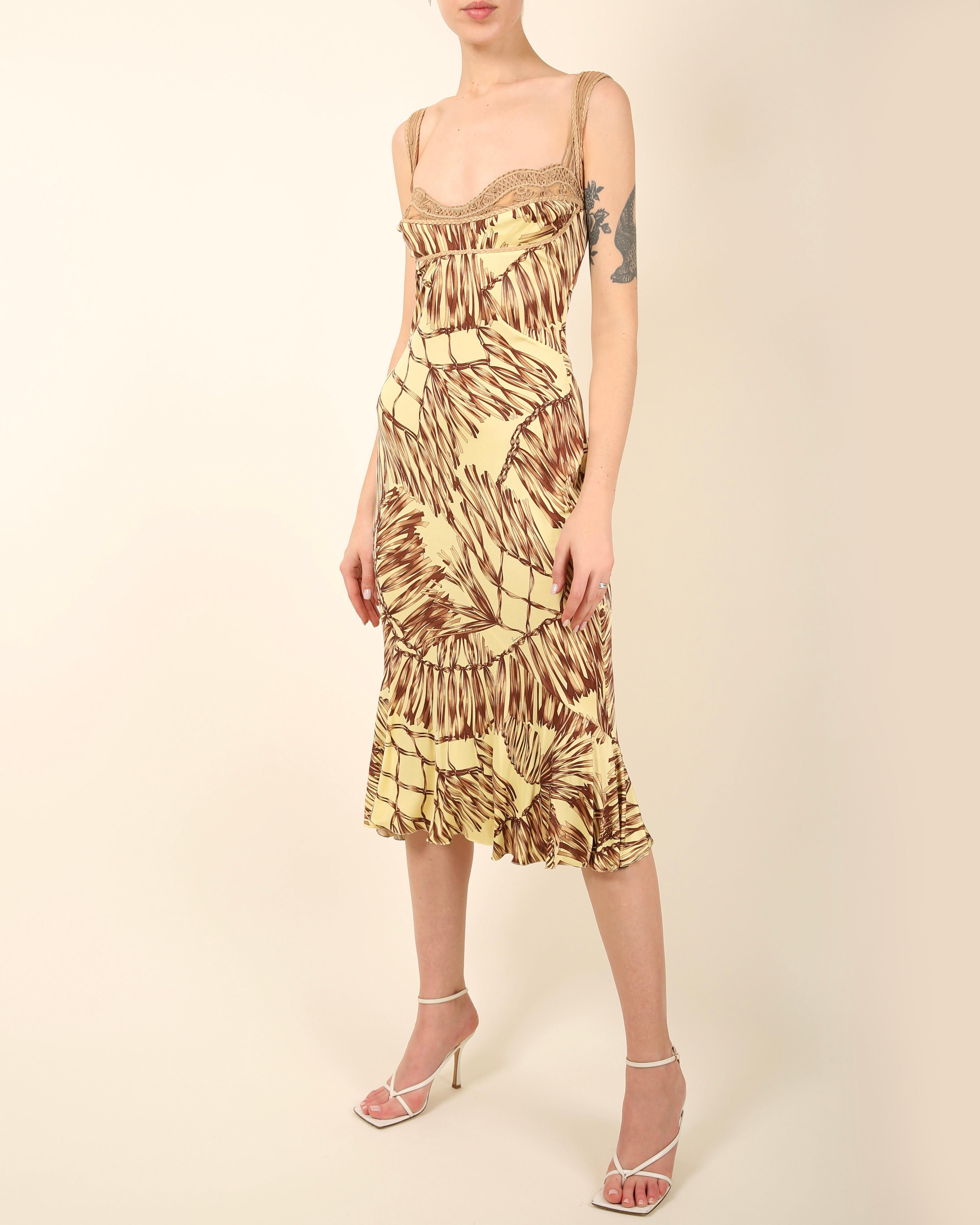 Versace S/S06 yellow brown leather silk sleeveless bustier midi dress IT 40 For Sale 1