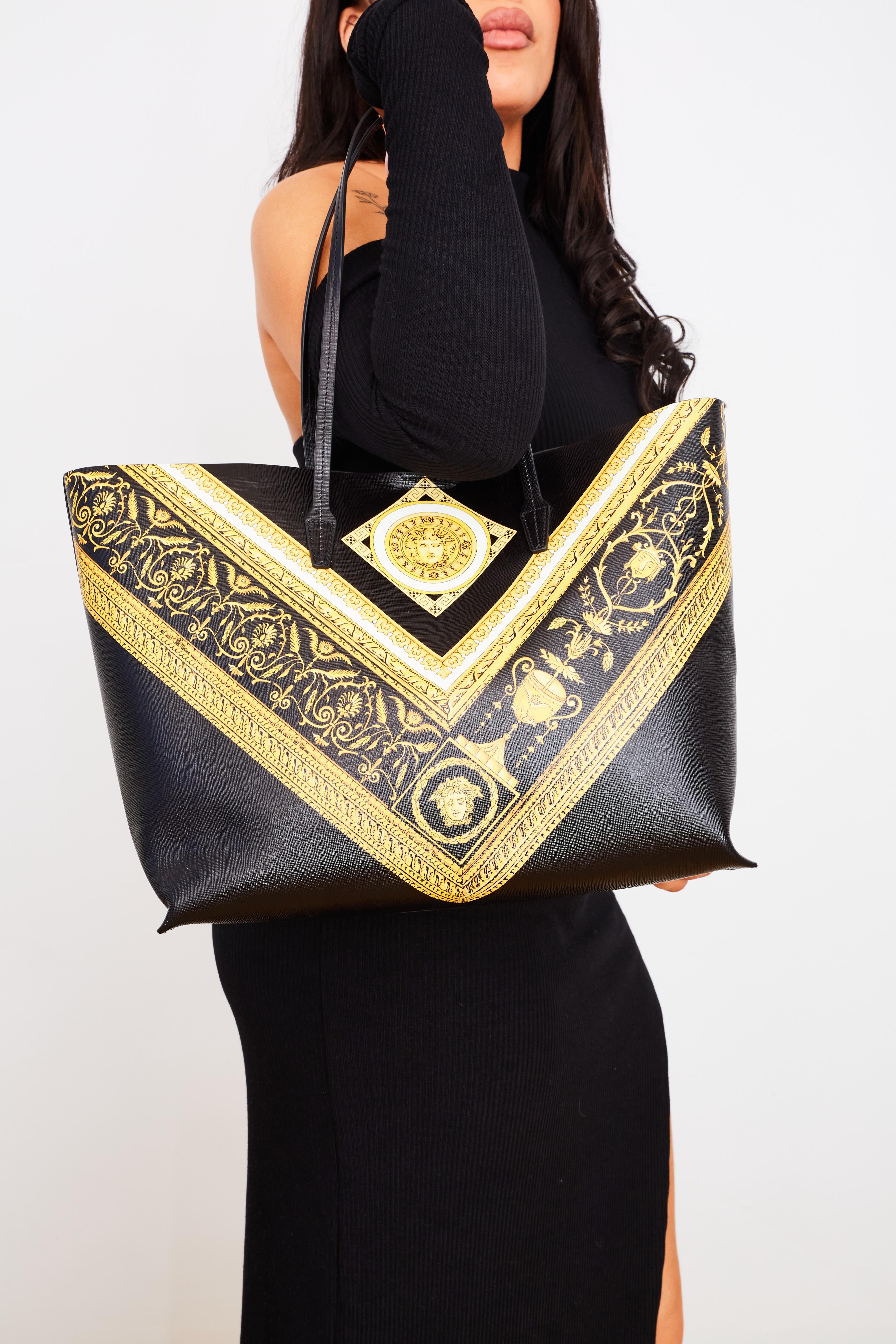 Versace Saffiano Leather Black Baroque Print Tote Bag For Sale 1