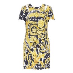 VERSACE Savage Barocco estampado de viscosa dorada Vestido de tirantes con imperdible de Medusa IT42 M