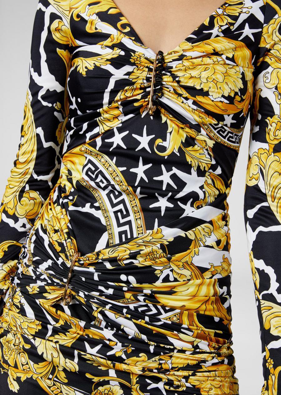 VERSACE SAVAGE BAROCCO PRINT KNIT DRESS In Yellow 40 - 4 For Sale 1