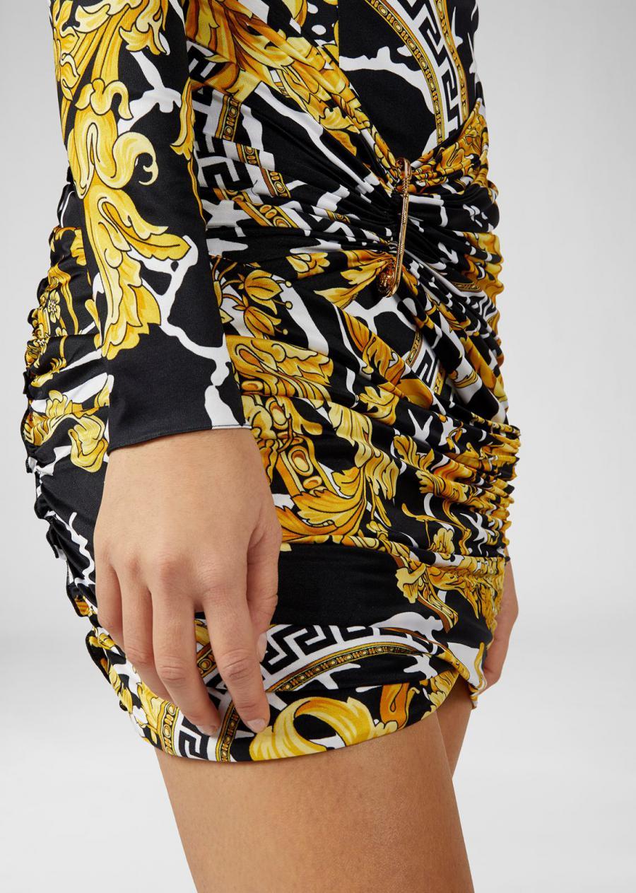 VERSACE SAVAGE BAROCCO PRINT KNIT DRESS In Yellow 40 - 4 In New Condition In Montgomery, TX