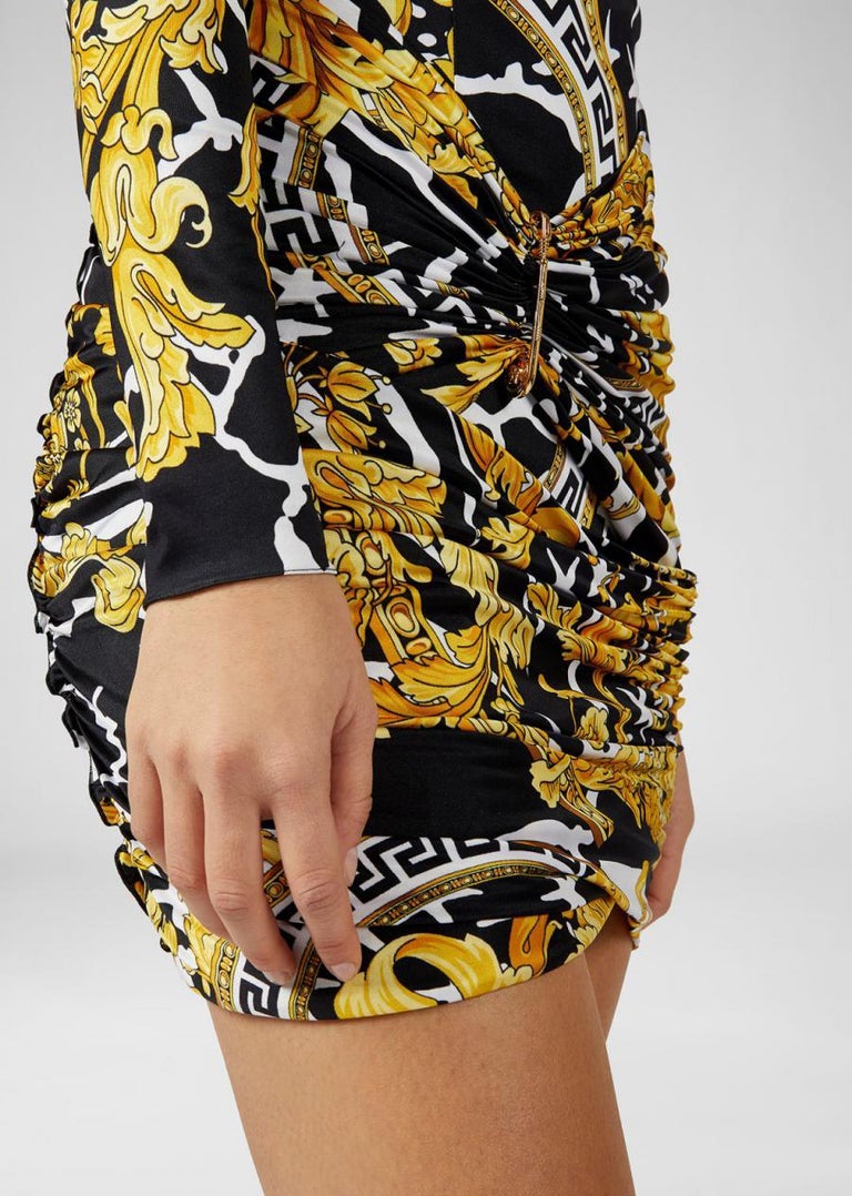 VERSACE SAVAGE BAROCCO PRINT KNIT DRESS In Yellow 40 - 4 For Sale at 1stDibs