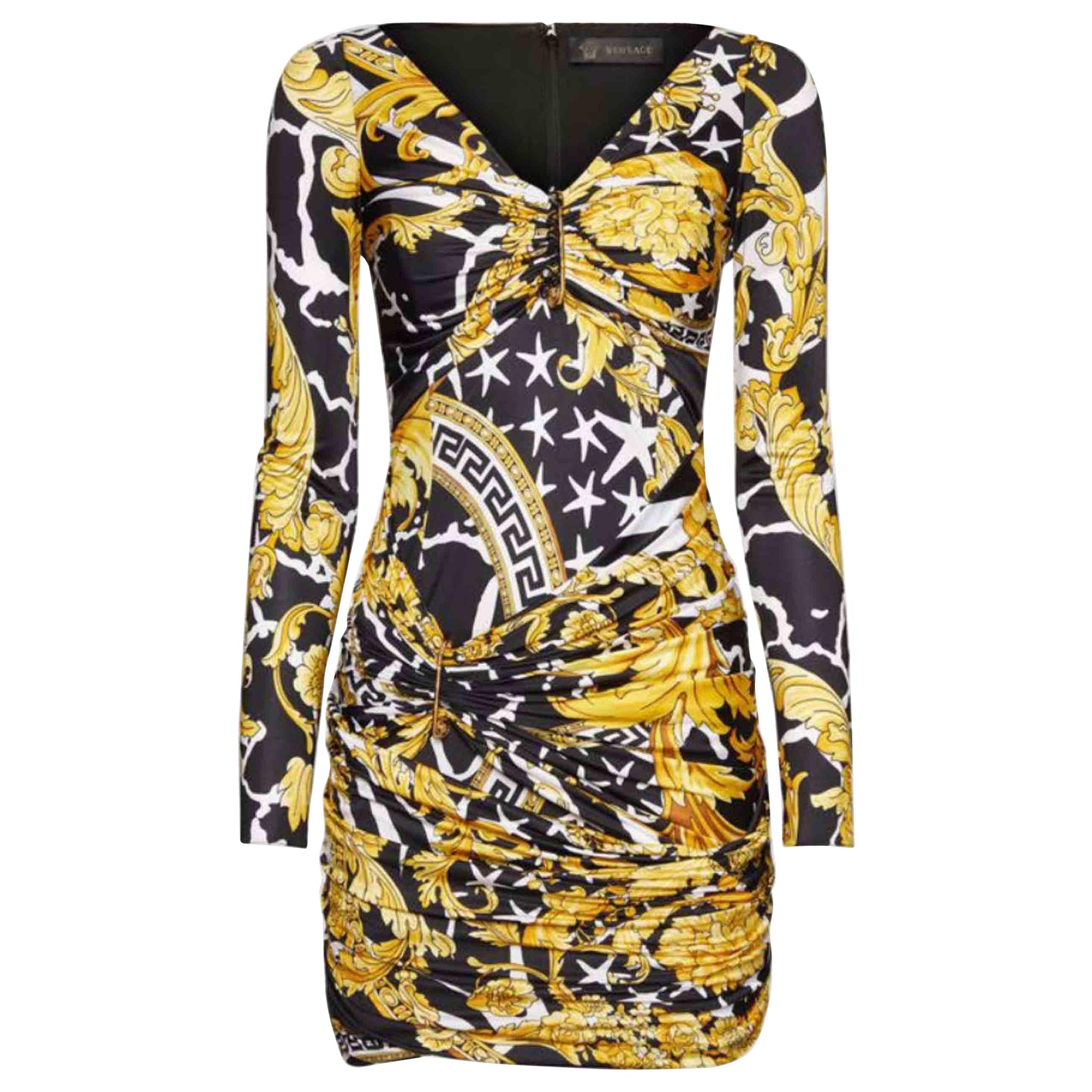 VERSACE SAVAGE BAROCCO PRINT KNIT DRESS In Yellow 40 - 4 For Sale