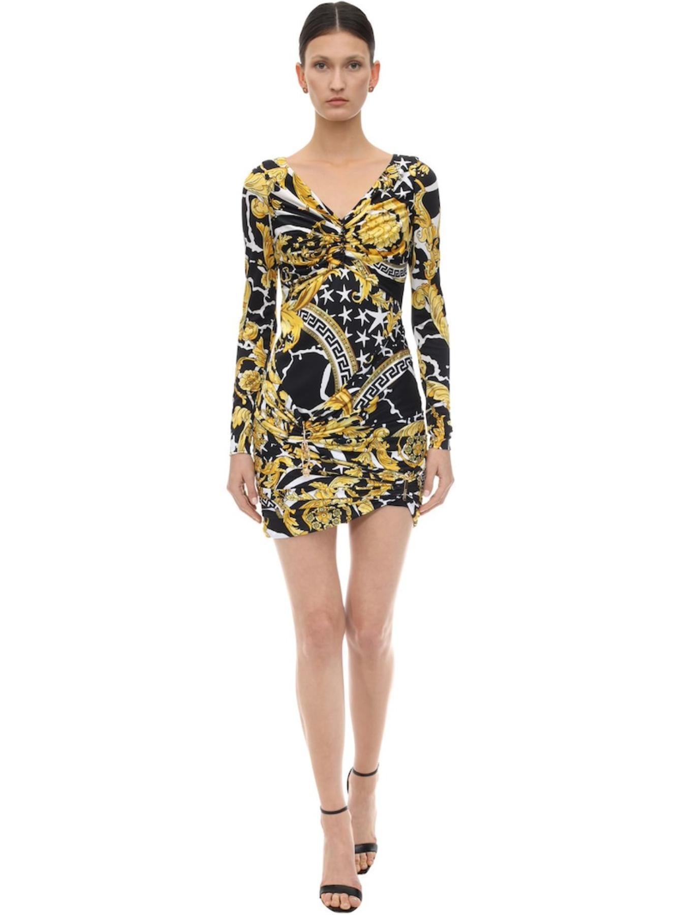 Versace Savage Barocco Print Long Sleeve Ruched Mini Cocktail Dress Size 40 In New Condition In Paradise Island, BS