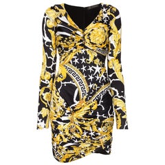 Versace Savage Barocco Print Long Sleeve Ruched Mini Cocktail Dress Size 40