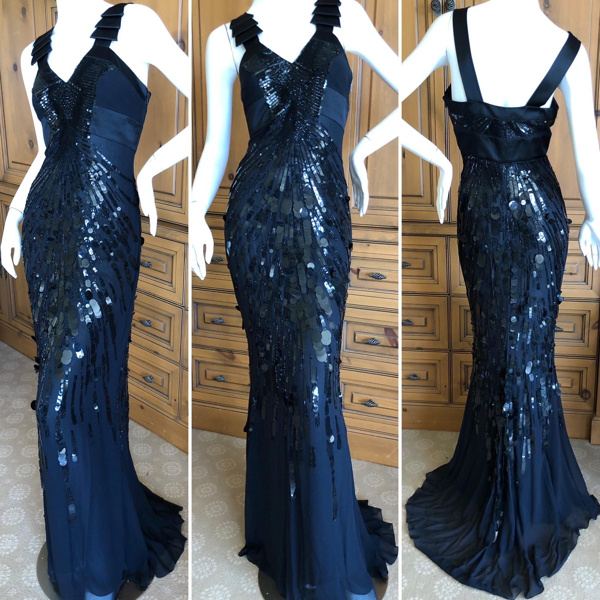  Versace Sequin and Bead Embellished Vintage Black Evening Dress.
This is so pretty , bt hard to capture in a photo
Marked size 44, it is appx size 6 today
Bust 36