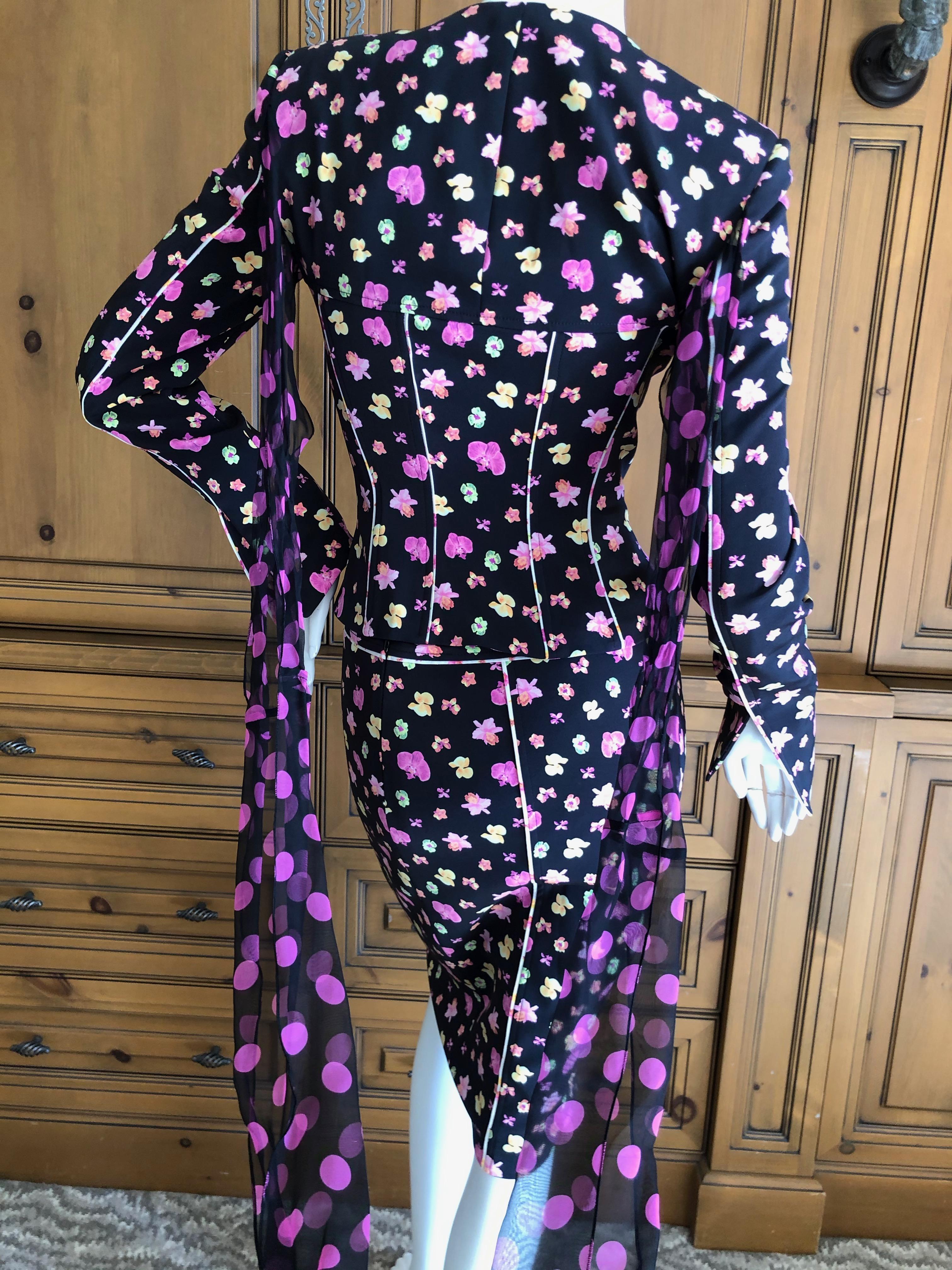 Versace Sexy  Orchid Pattern Corset Suit from Spring 2004 with Trailing Silk Scarves
This is like a full corset with attached sleeves, and there are two training silk scarves.
This is so much prettier than the photos show.
  Size 40
Jacket;
  Bust