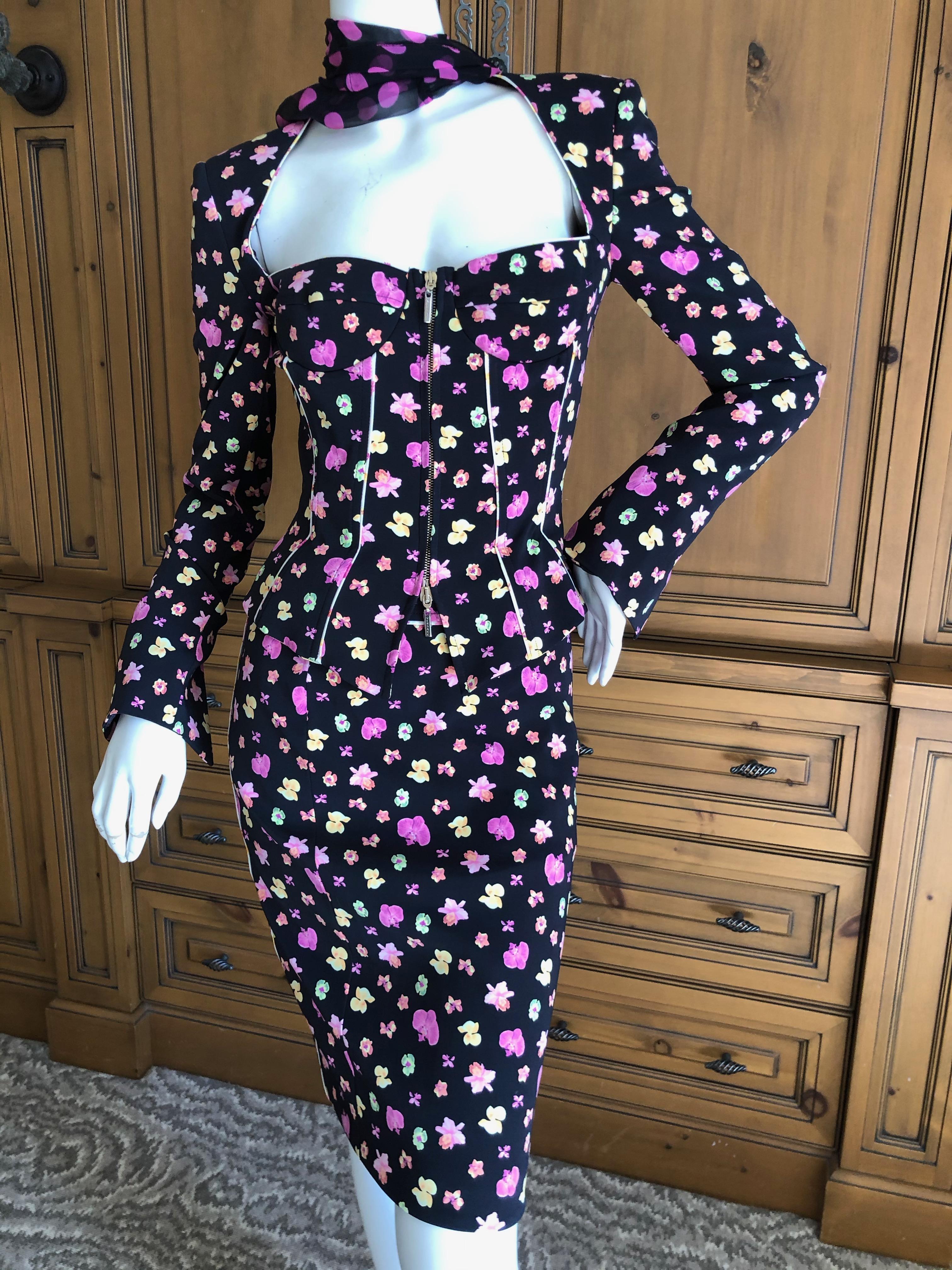 Black Versace Sexy Corset Suit from Spring 2004 Orchid Pattern w Trailing Silk Scarves For Sale