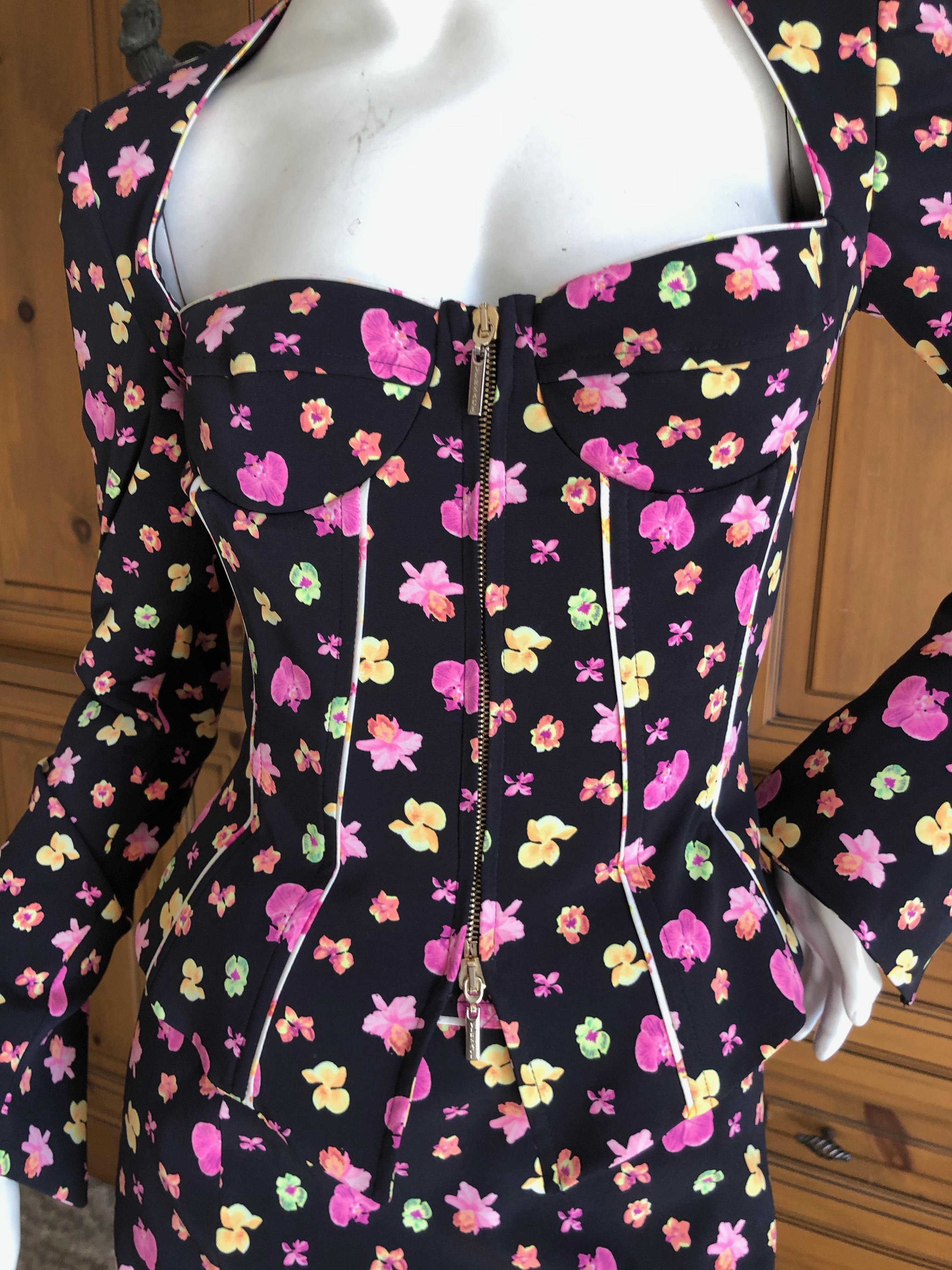 Versace Sexy Corset Suit from Spring 2004 Orchid Pattern w Trailing Silk Scarves In Excellent Condition For Sale In Cloverdale, CA