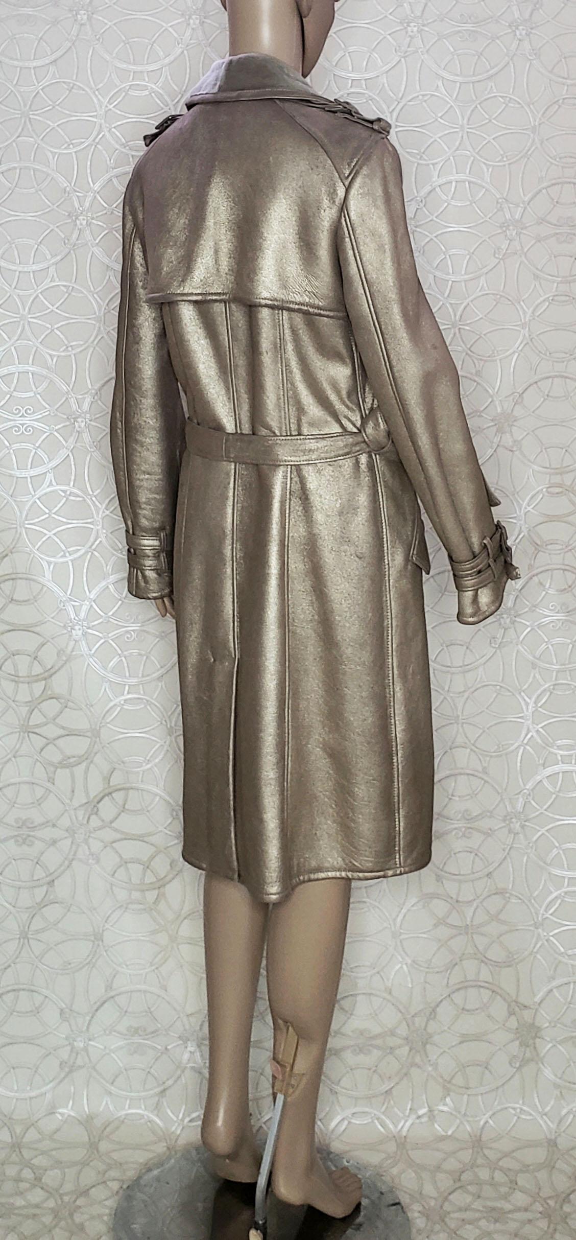 Women's VERSACE SHEARLING FUR LEATHER TRENCH COAT with DISTRESSED GOLD FINISH IT 42 - 6 For Sale