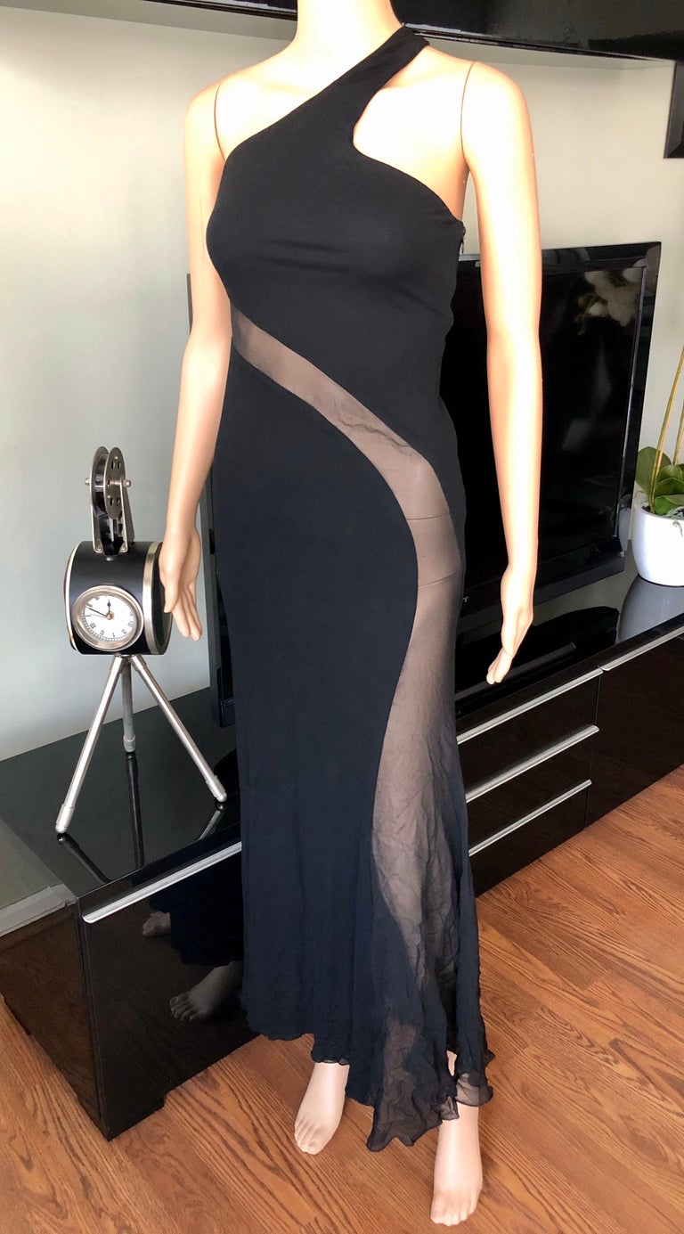 Versace Sheer Cutout Panel Black Evening Dress Gown For Sale at 1stDibs
