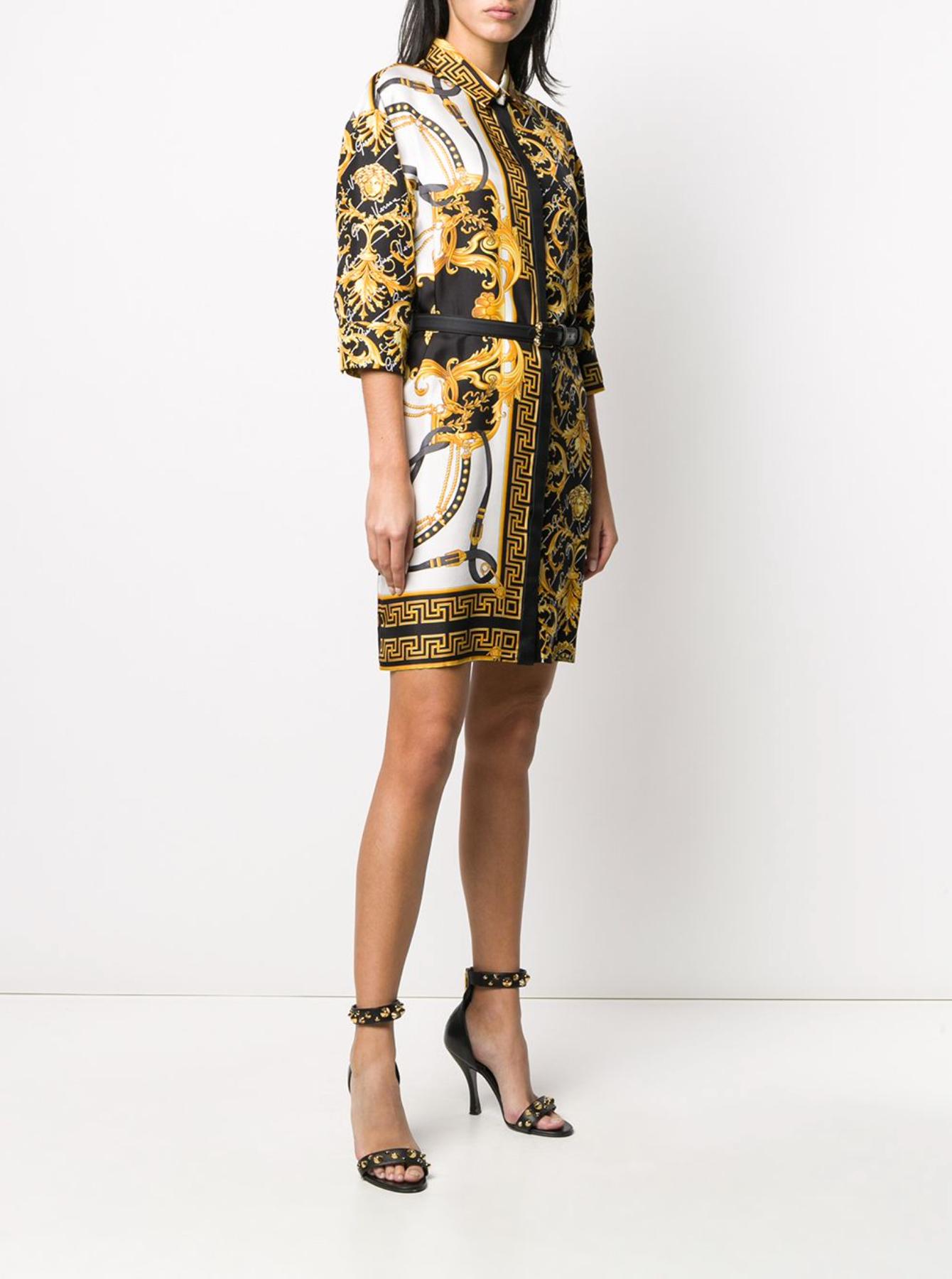 Versace Signature Barocco Silk Fitted Button Down Shirt Dress with Belt

This Barocco Signature Print Shirt Dress with Barocco Rodeo print insert features a classic collar, concealed front button fastening, 3/4 sleeves, black leather waist belt,
