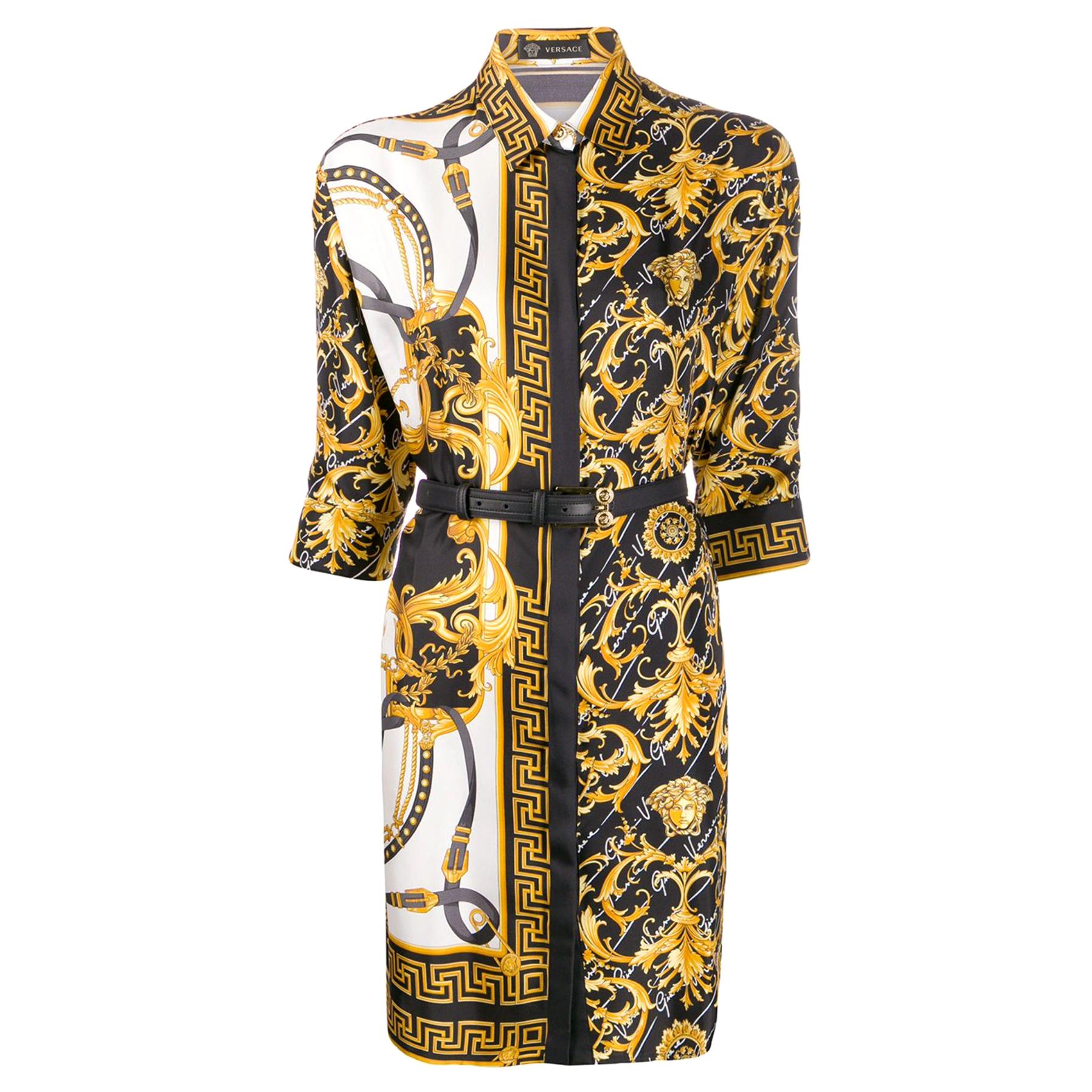 Versace Signature Barocco Silk Fitted Button Down Shirt Dress with Belt ...