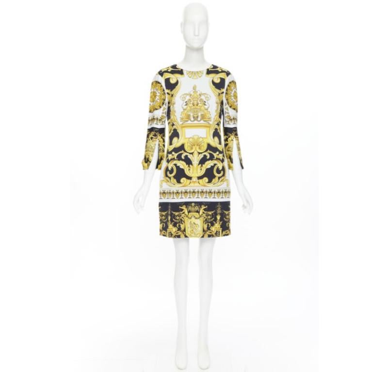 Beige VERSACE Signature Baroque Cherub Medusa printed viscose shift dress IT38 XS For Sale