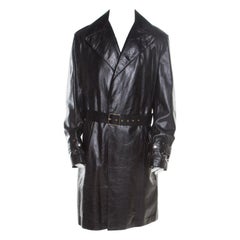 Versace Signature Black Leather Belted Overcoat XXL