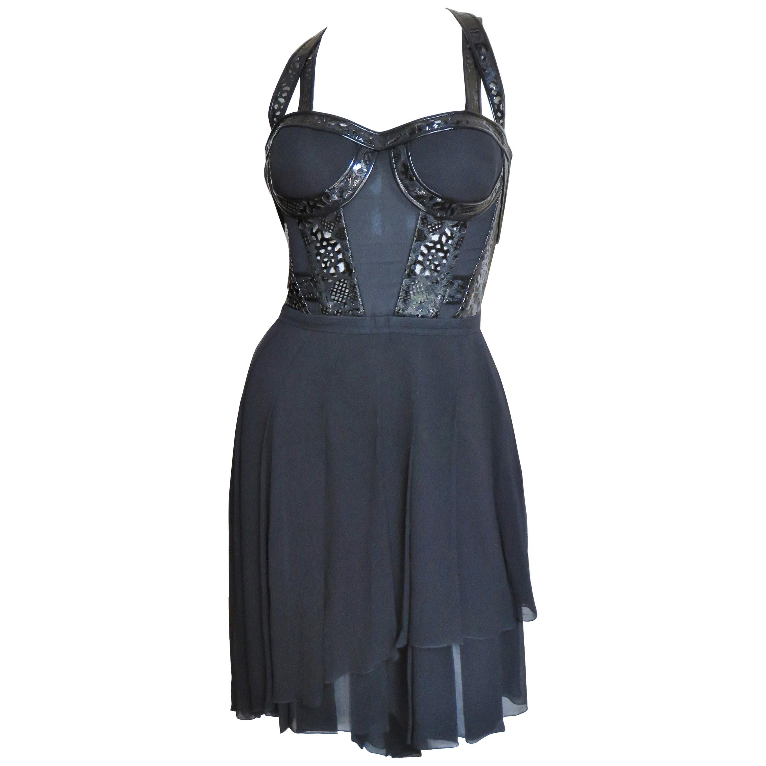 Versace Silk Bustier Dress with Leather Straps For Sale