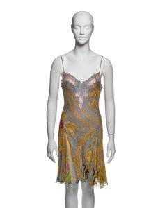 Versace Silk Chiffon Slip Dress with Baroque Print & Lace Trim, SS 2005