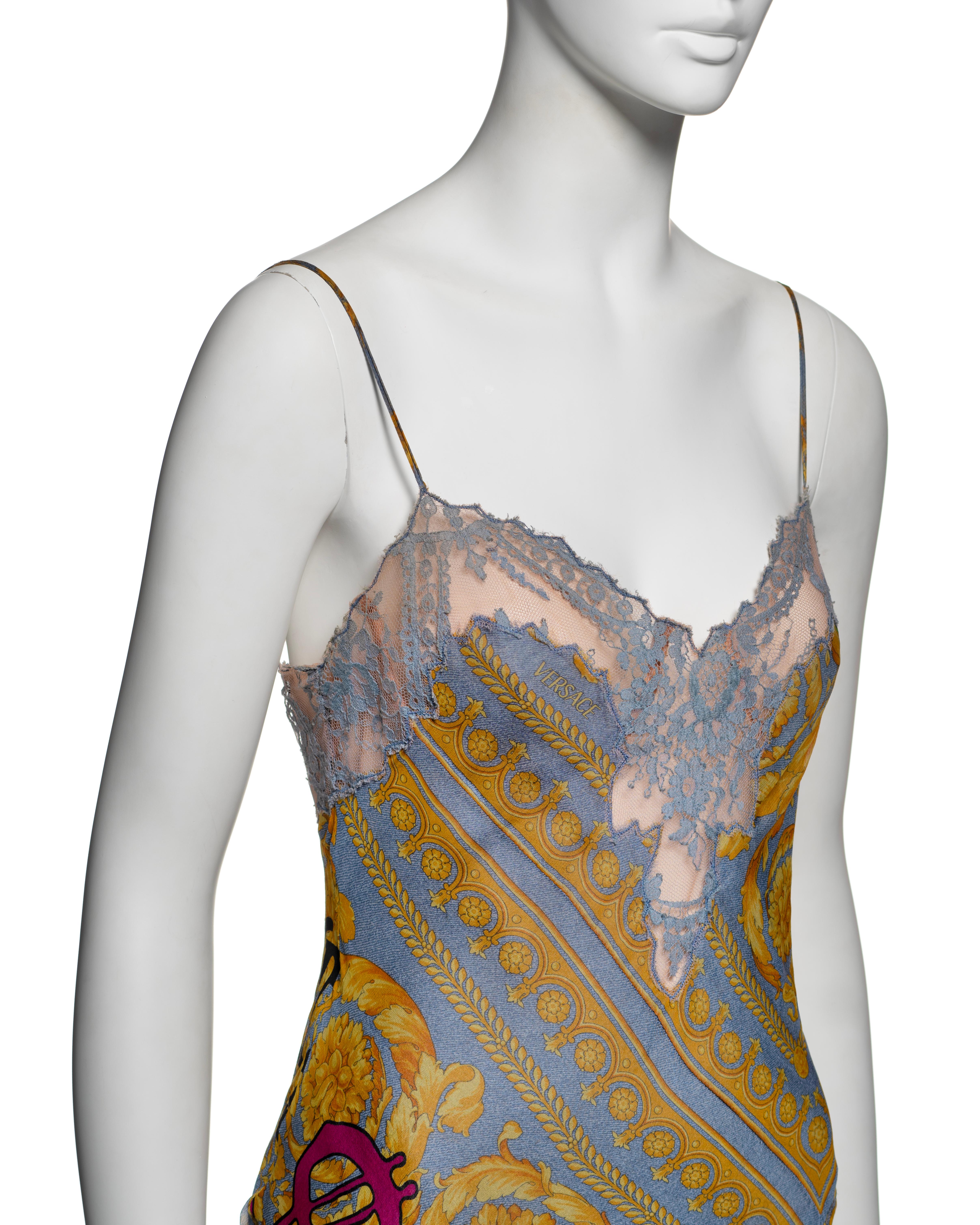 Women's Versace Silk Chiffon Slip Dress with Baroque Print & Lace Trim, SS 2005