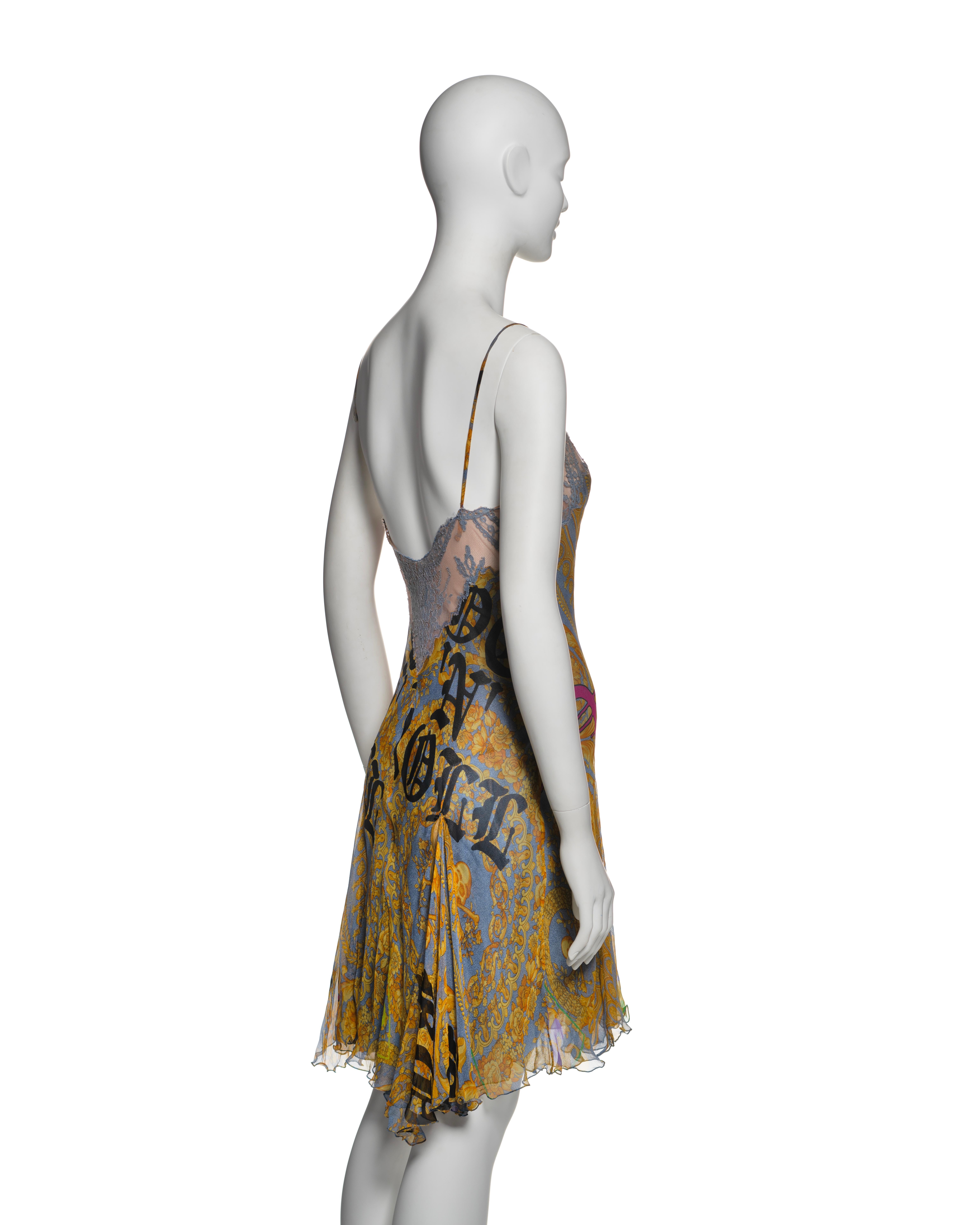 Versace Silk Chiffon Slip Dress with Baroque Print & Lace Trim, SS 2005 2
