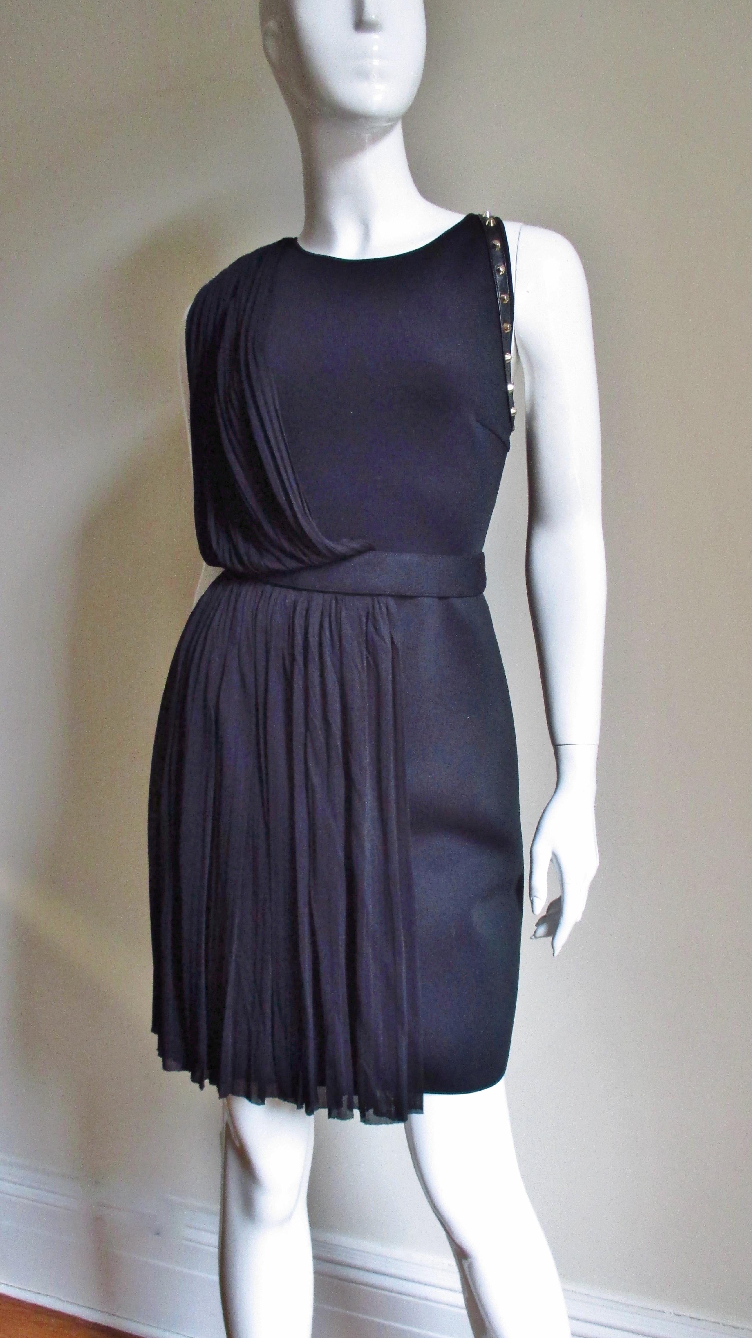 Black Versace Silk Draped Dress with Leather and Stud Trim For Sale