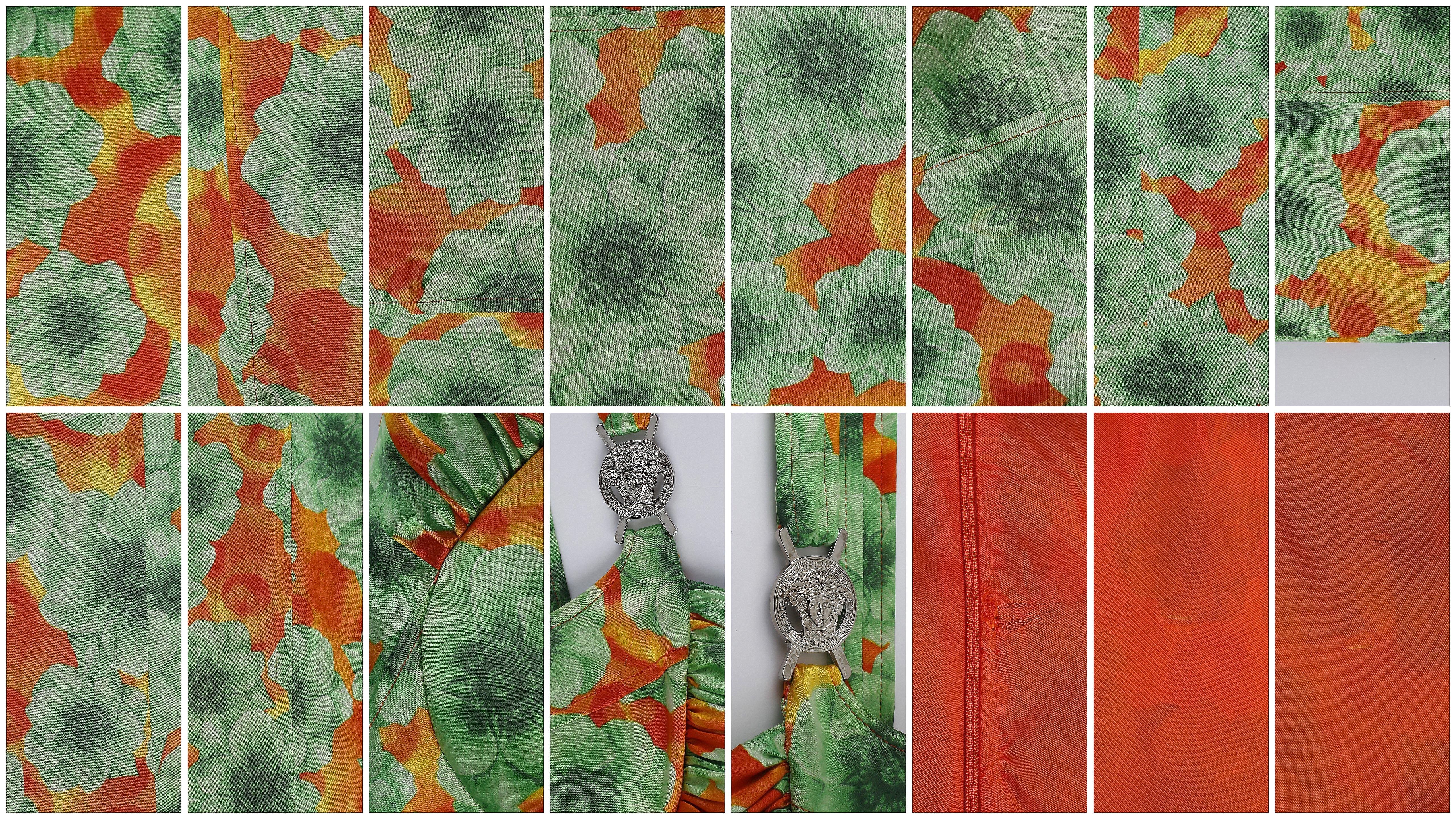 Versace Silk Floral Print Pop Art Medusa Coin Strap Bustier Bodycon Dress For Sale 9