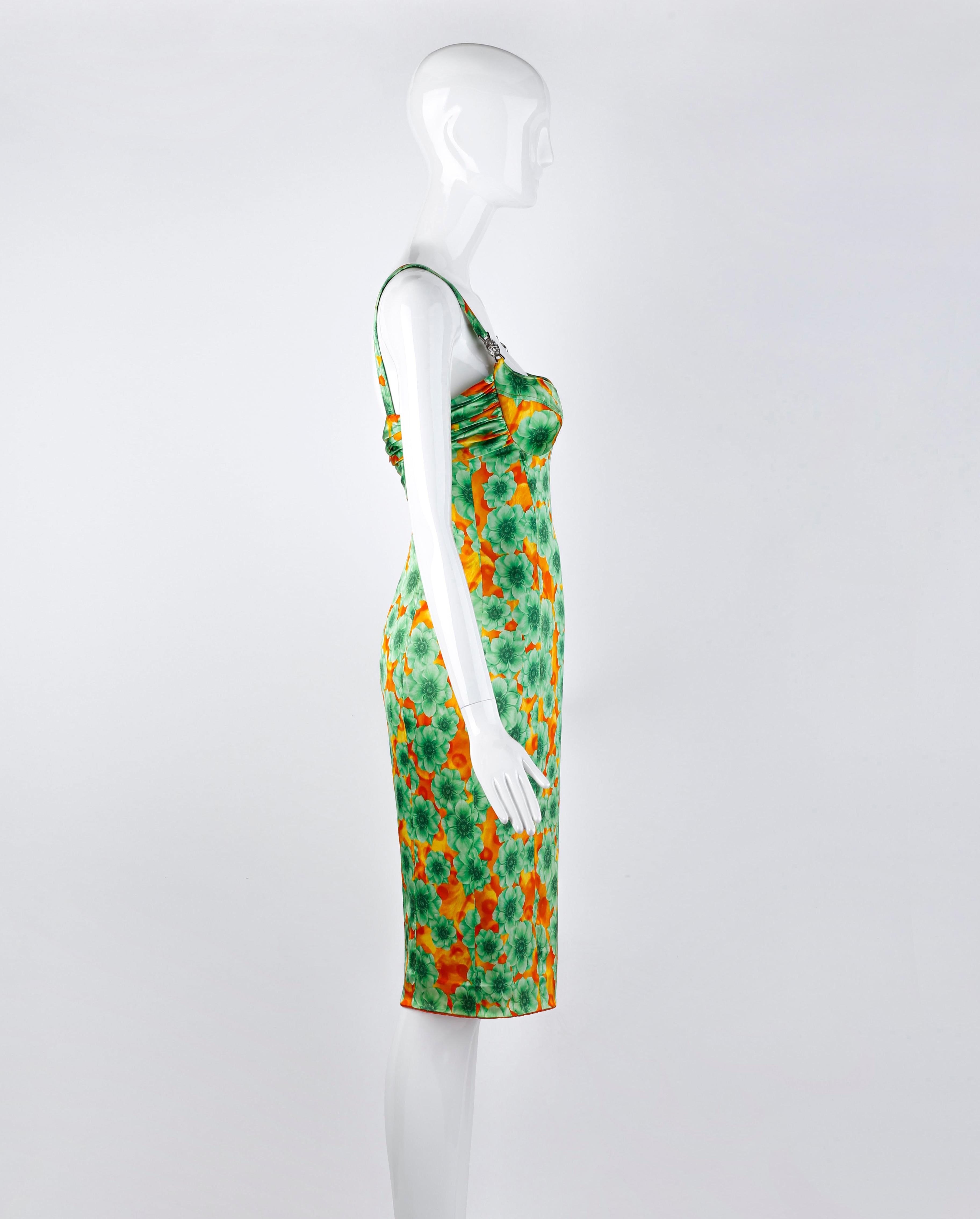 Versace Silk Floral Print Pop Art Medusa Coin Strap Bustier Bodycon Dress In Good Condition For Sale In Chicago, IL