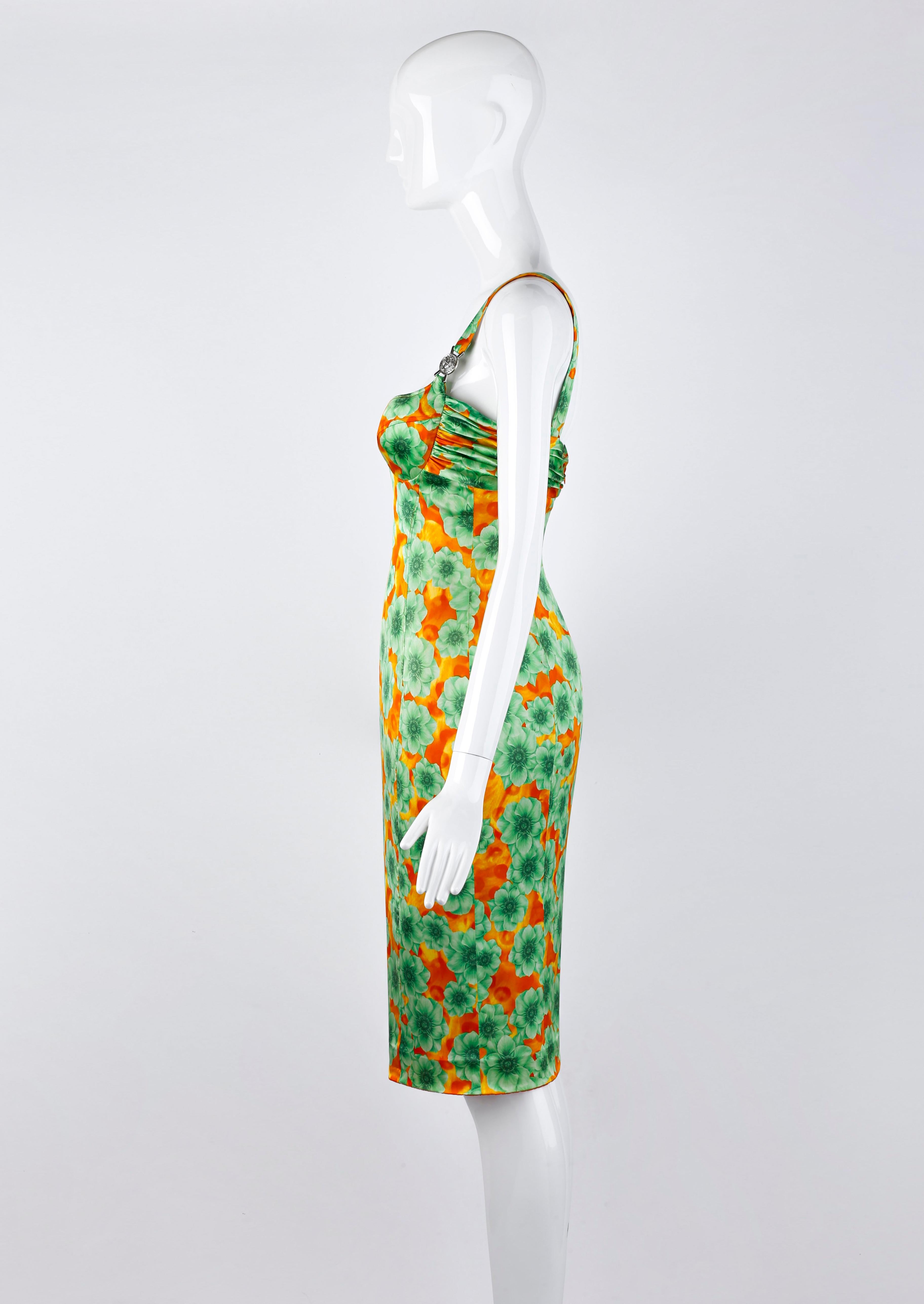 Versace - Robe bustier à bretelles en soie imprimée florale Pop Art Méduse en vente 1