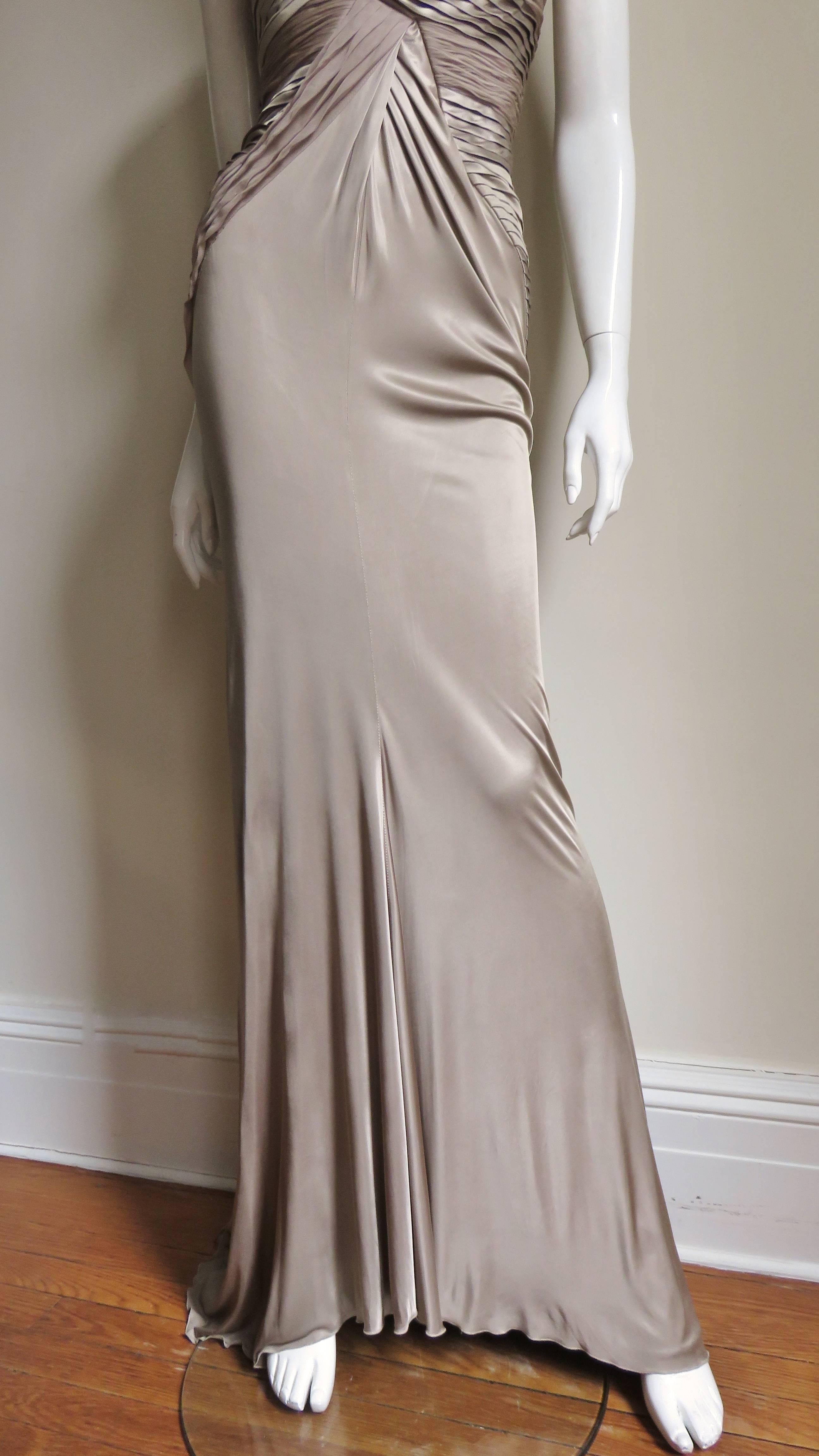 Gray Versace Detailed Silk Strapless Gown