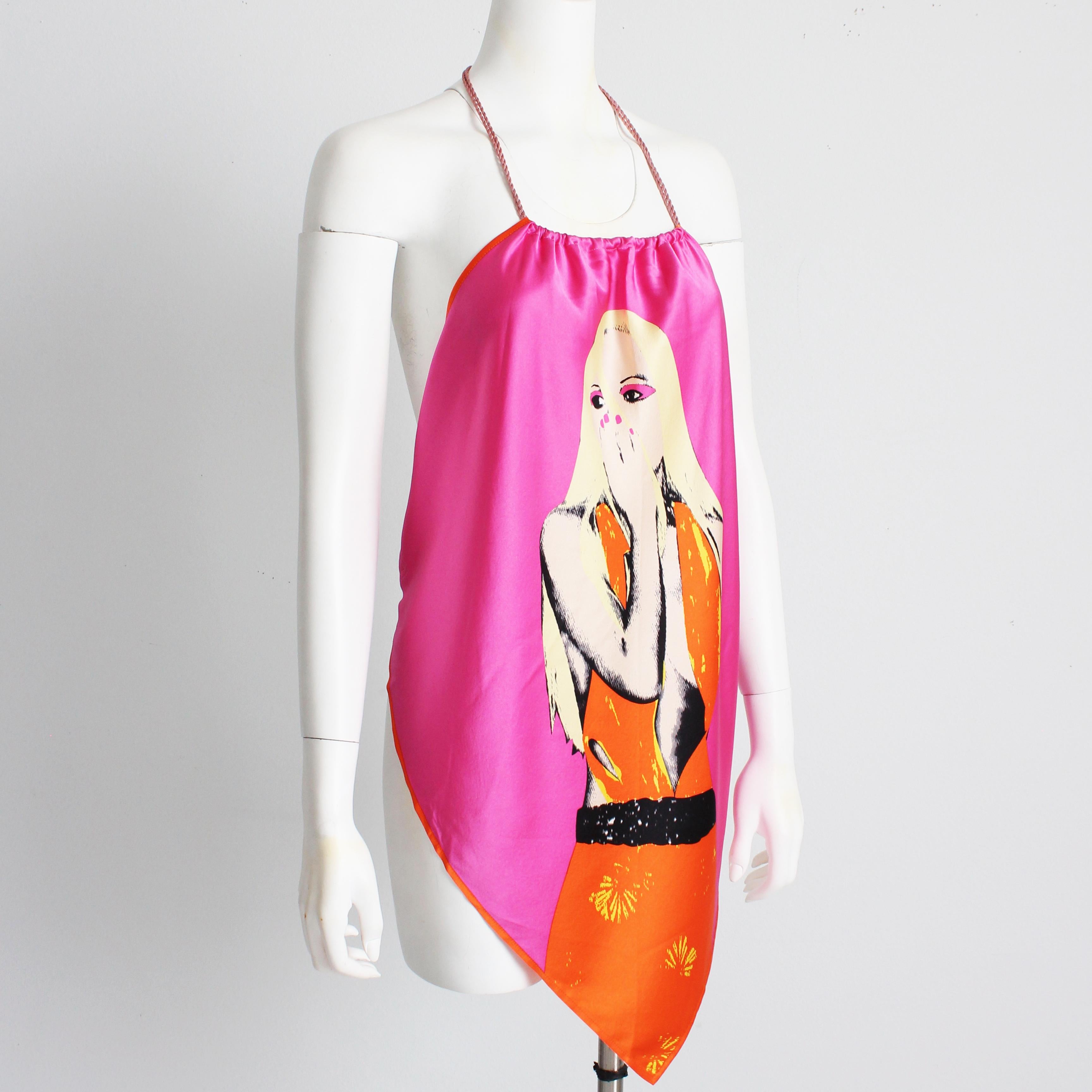 Pink Versace Silk Halter Top Pop Art Donatella Print S/S 2004 RTW Runway Sz 42 Rare