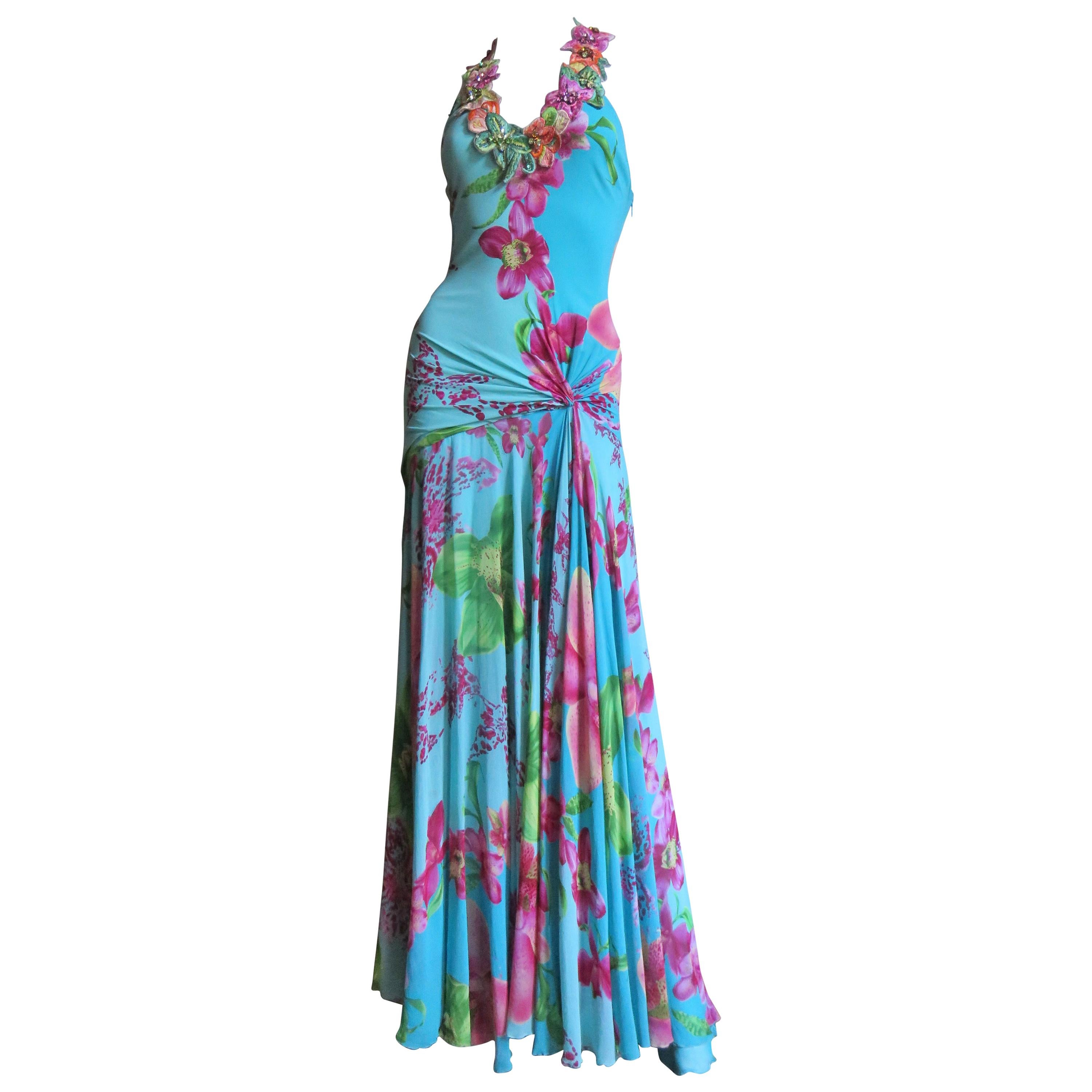 Versace Silk Maxi Dress with Embroidery Neckline