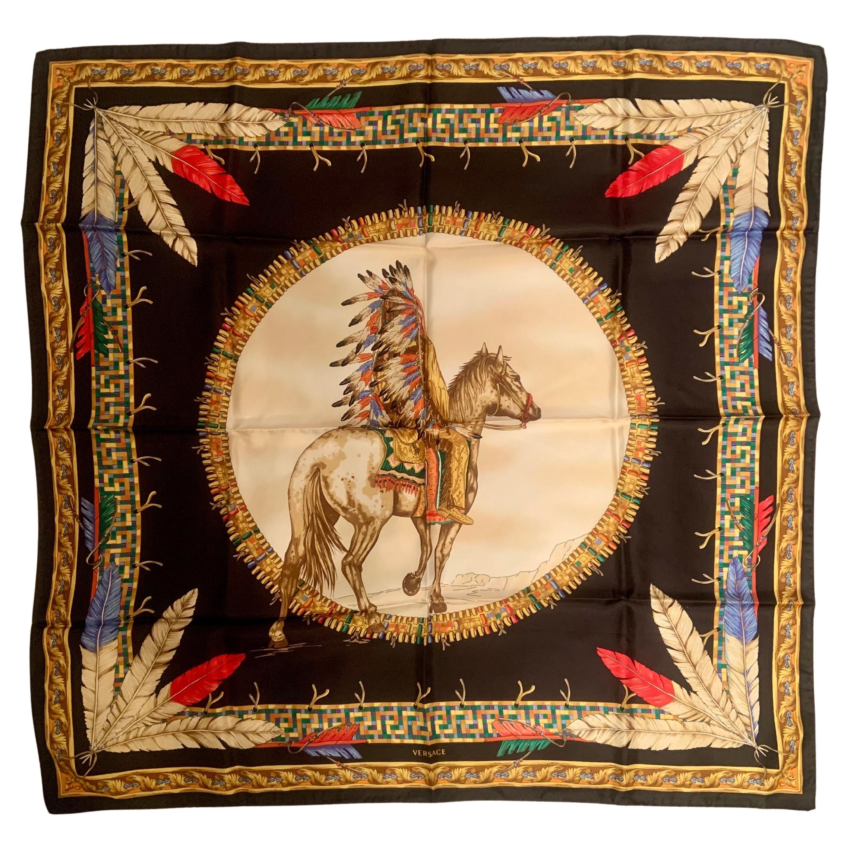 Versace Silk Scarf Native American on Horseback in vendita