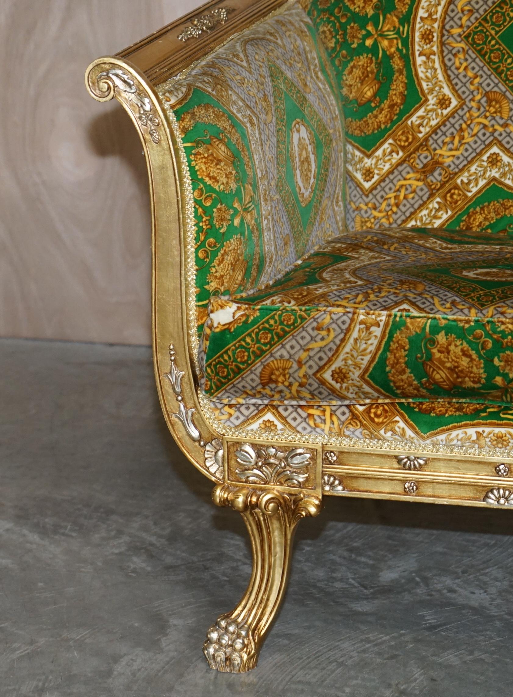 Versace Silk Velvet Upholstered Giltwood Italian Sofa & Pair of Armchairs Suite For Sale 9