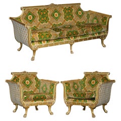 Versace Silk Velvet Upholstered Giltwood Italian Sofa & Pair of Armchairs Suite