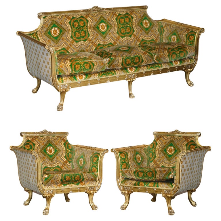 Versace Silk Velvet Upholstered Giltwood Italian Sofa and Pair of Armchairs  Suite For Sale at 1stDibs | versace style furniture
