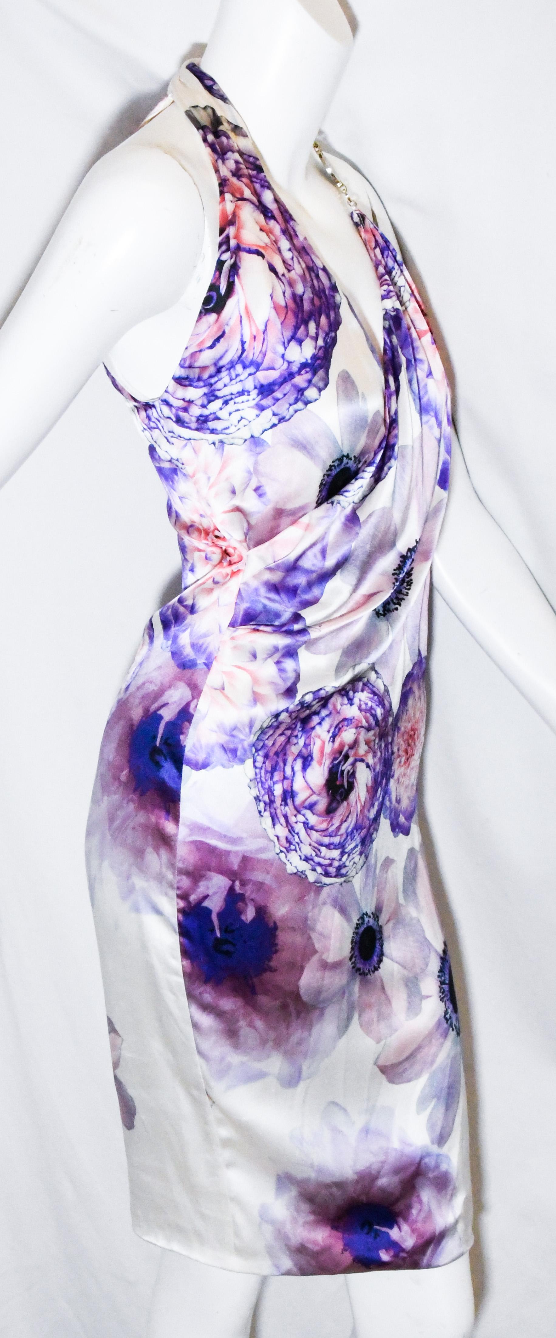 Versace Silk White & Purple Floral Print Cocktail Wrap Top Dress In Excellent Condition For Sale In Palm Beach, FL