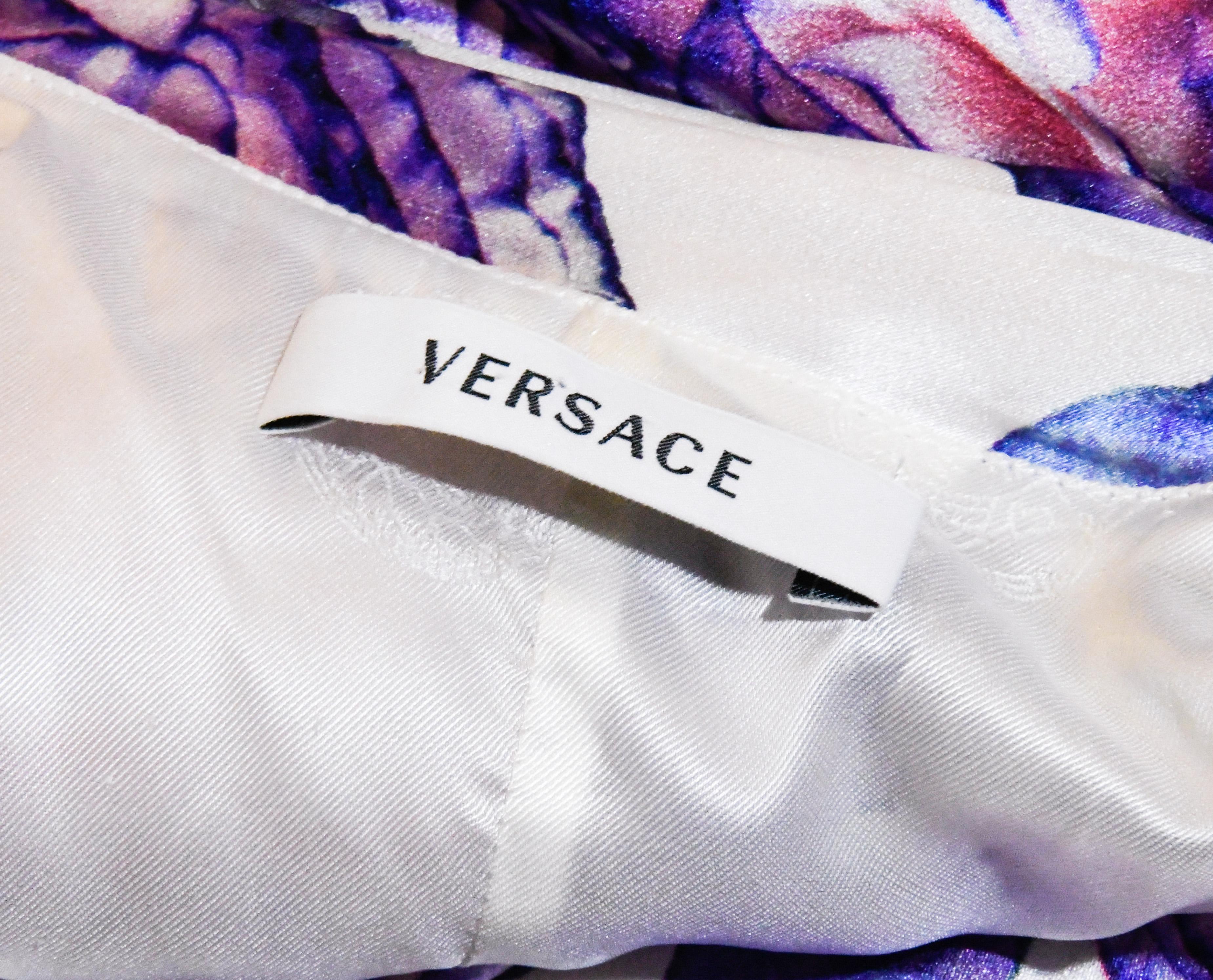 Women's Versace Silk White & Purple Floral Print Cocktail Wrap Top Dress For Sale