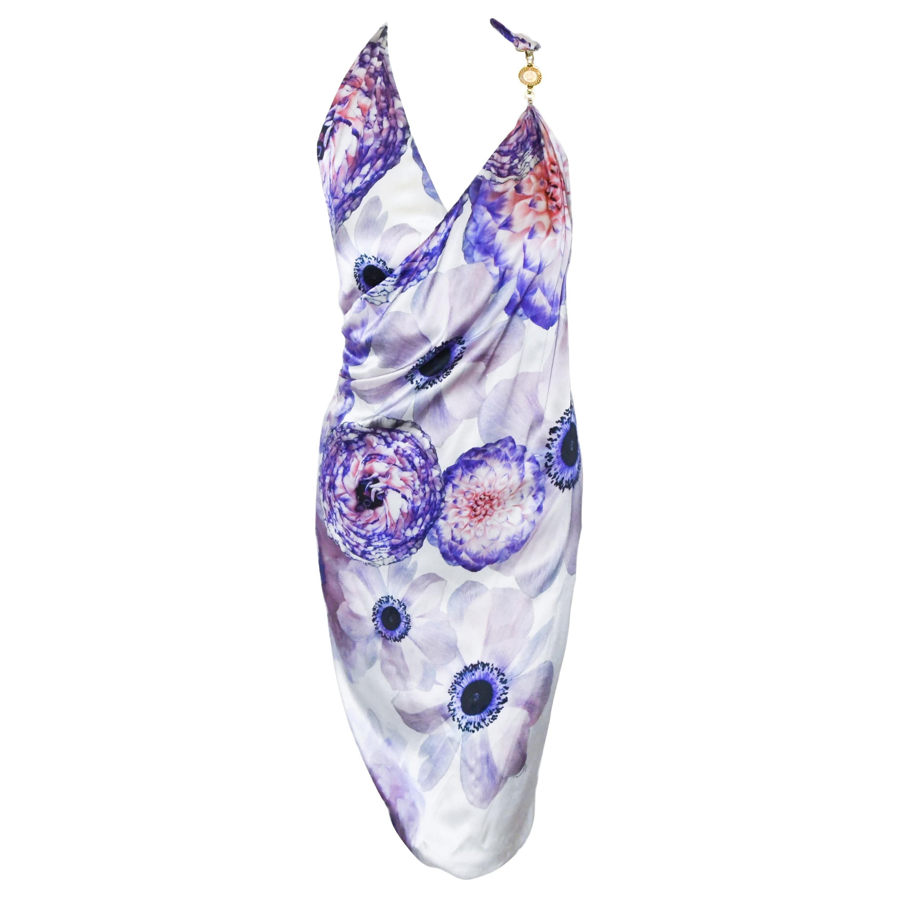 Versace Silk White & Purple Floral Print Cocktail Wrap Top Dress For Sale