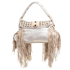 Versace Silver/Beige Woven Leather And Suede Medusa Fringe Shoulder Bag