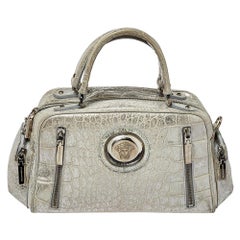 Versace Silver Croc Embossed Leather Satchel