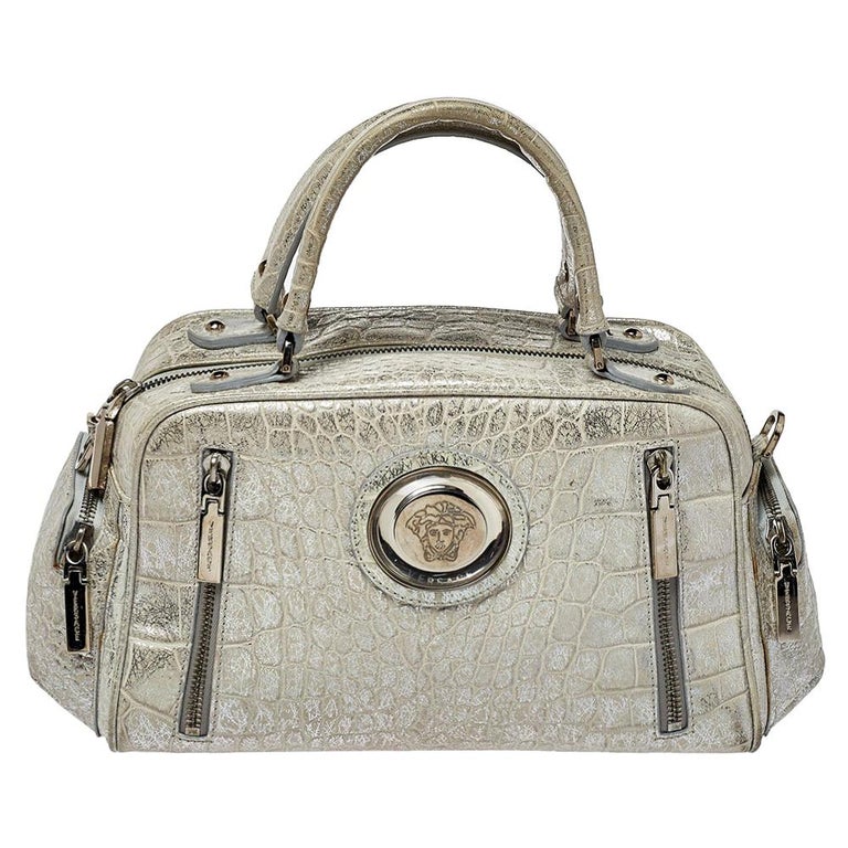 Versace Silver Croc Embossed Leather Satchel For Sale at 1stDibs