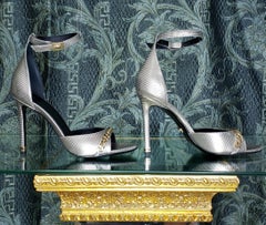 VERSACE SILVER LEATHER SANDALS SHOES with GOLD CHAIN 40 - 10