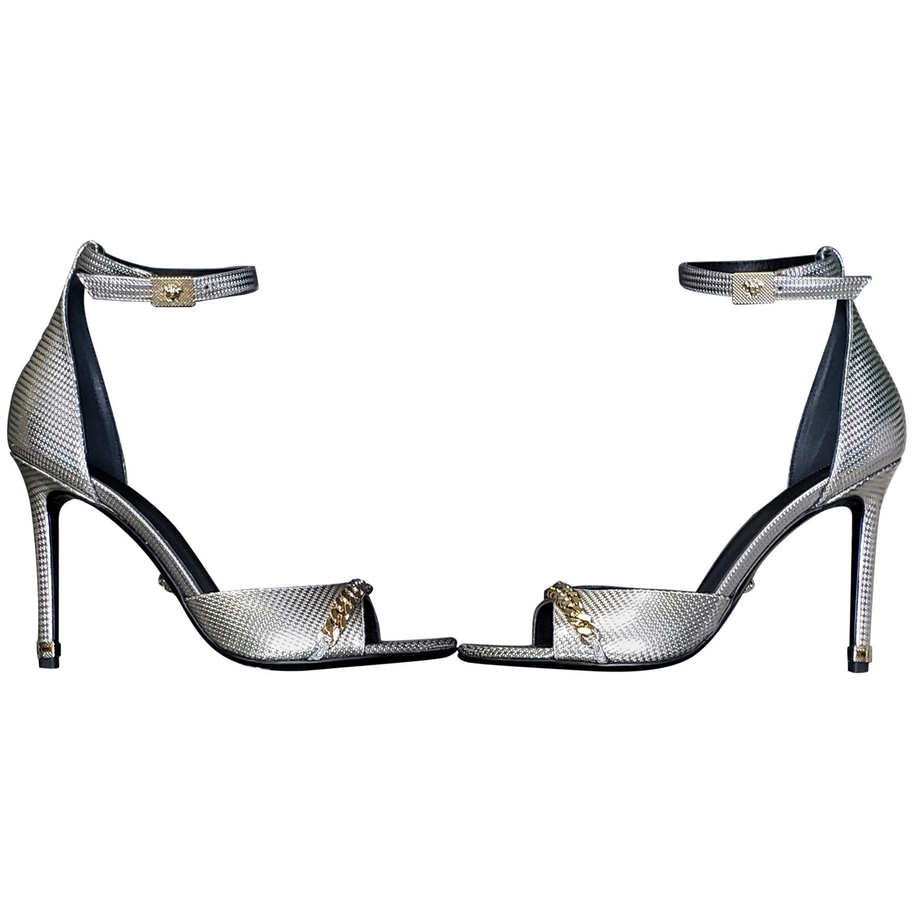 VERSACE SILVER LEATHER SANDALS SHOES 