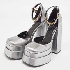 Versace Silver Lurex Fabric Medusa Aevitas Double Platform Pumps Size 38.5