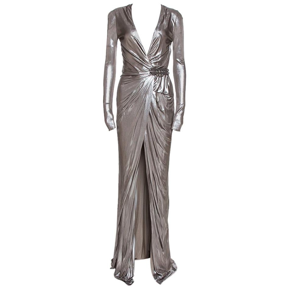 Versace Silver Metallic Jersey Draped Wrap Dress M