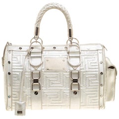 Versace Silver Quilted Patent Leather Snap Out Of It Satchel