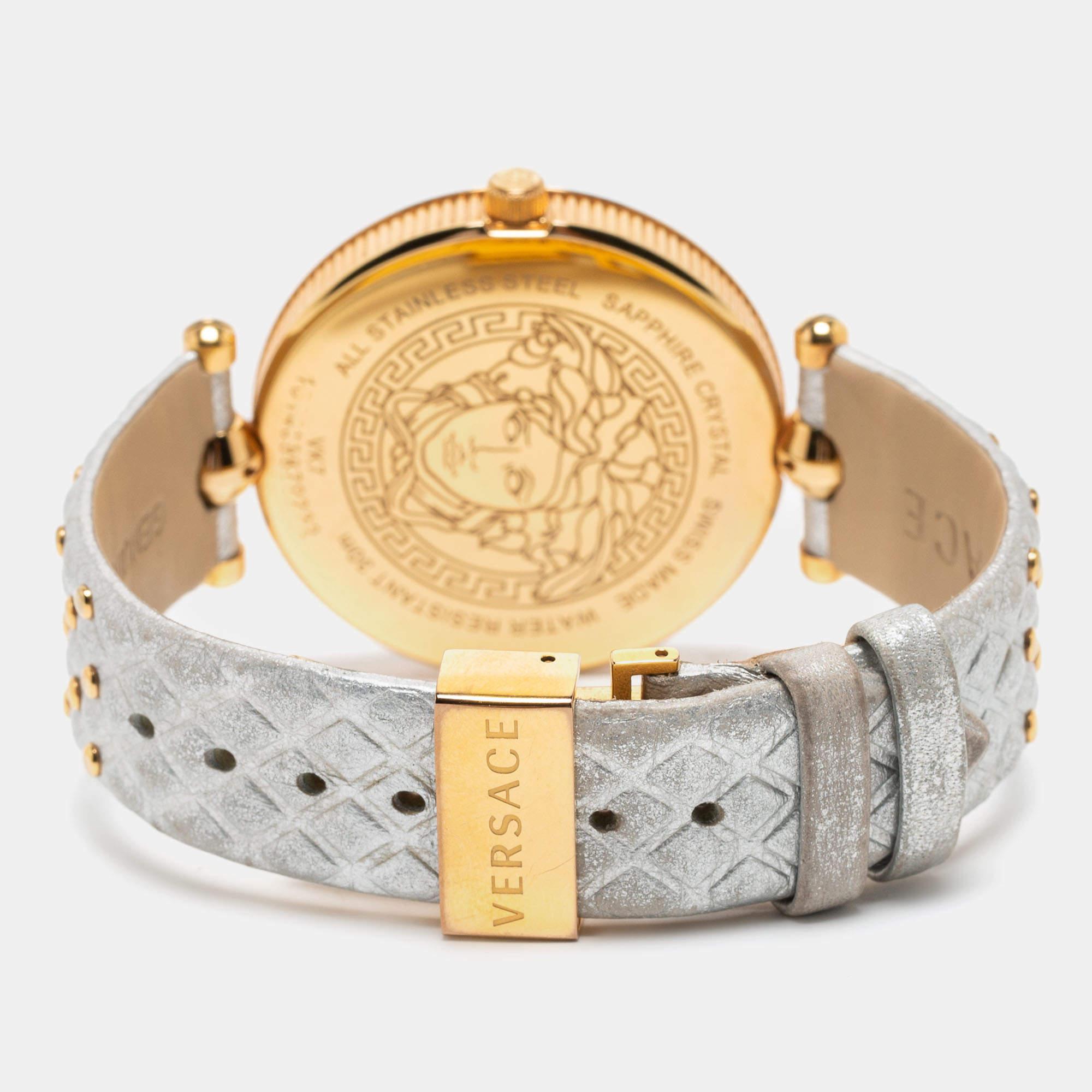 Your everyday style deserves the touch of luxury brought by this wristwatch from Versace. Crafted from rose gold-plated stainless steel, the designer watch is set with a sturdy case, a silver dial, and a comfortable bracelet.

Includes: Original